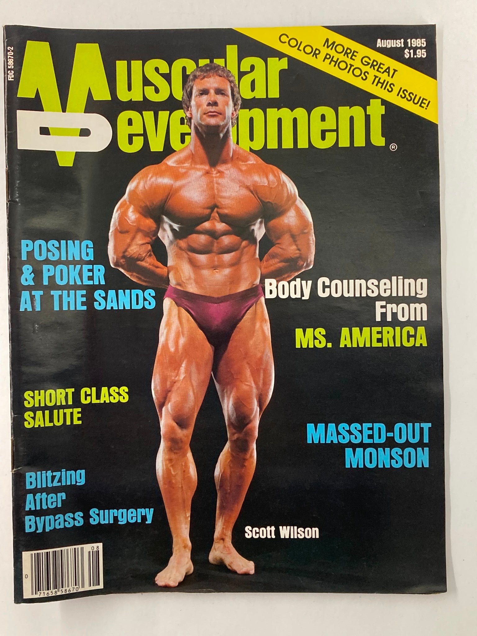 Cover of VTG Muscular Development Magazine from July-August 1985 featuring a muscular bodybuilder on the front, highlighting an exclusive feature on Scott Wilson and articles about bodybuilding techniques, nutrition tips, and fitness culture during the 1980s.