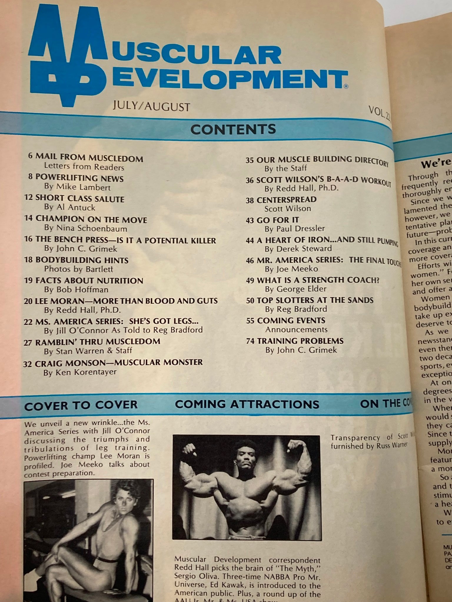 Muscular Development Magazine July August 1985 featuring contents page with articles on bodybuilding and fitness, including an exclusive interview with Scott Wilson. This vintage magazine captures the fitness culture of the 1980s.