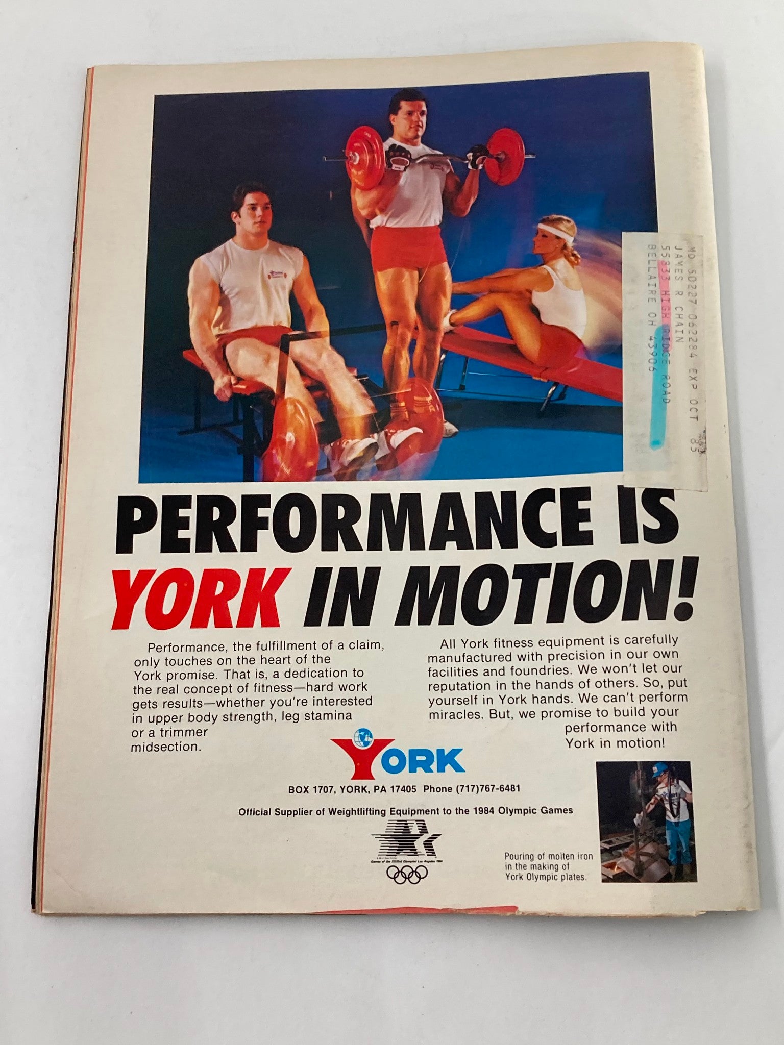 Back cover of Muscular Development Magazine July August 1985 showcasing a York fitness equipment advertisement, highlighting their dedication to quality and performance in bodybuilding.
