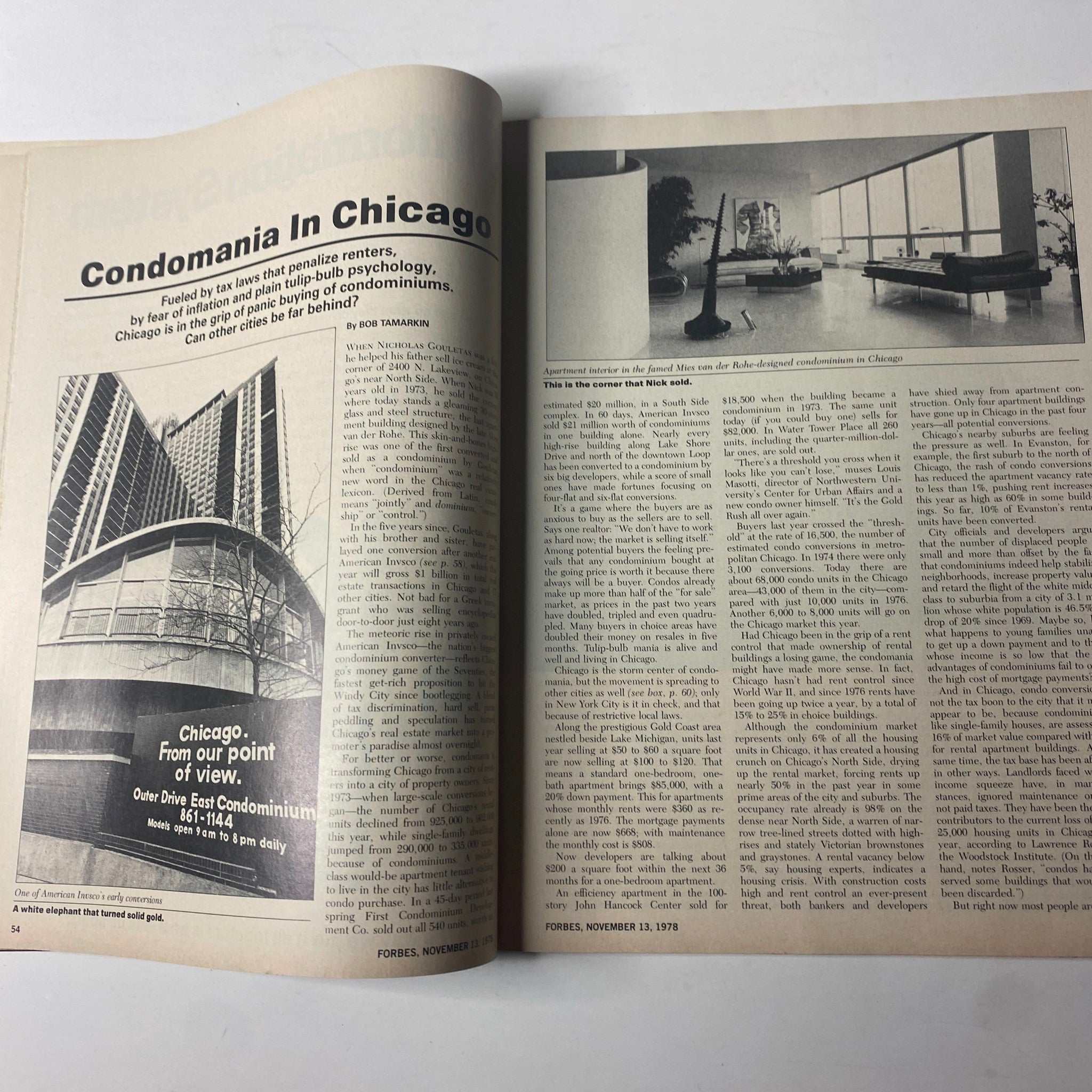 Inside spread of Forbes Magazine featuring an article titled 'Condomania in Chicago' discussing the impact of condominium conversions on the Chicago housing market.