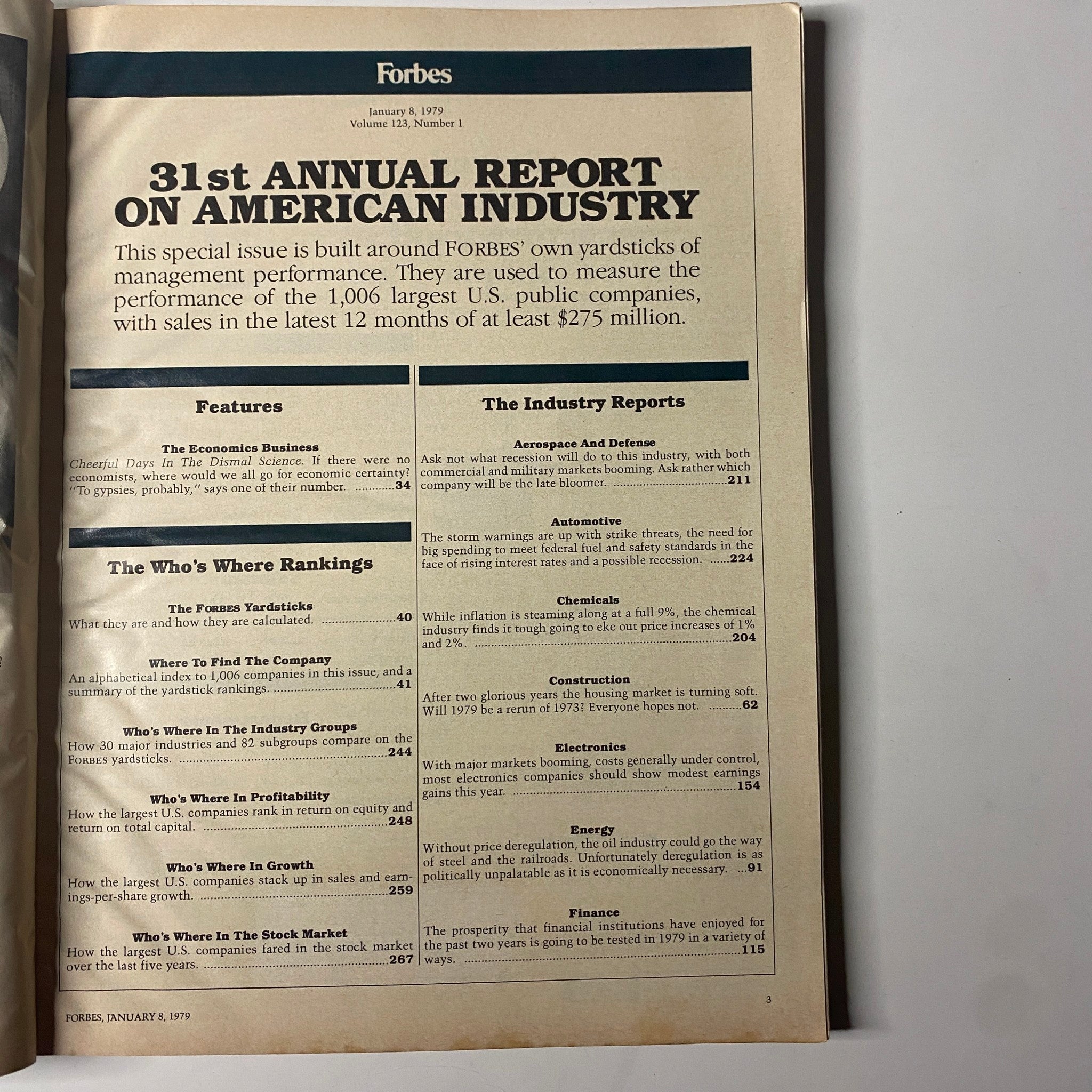 Interior page of Forbes Magazine, January 8, 1979, showcasing the table of contents and features highlighting the 31st Annual Report on American Industry.