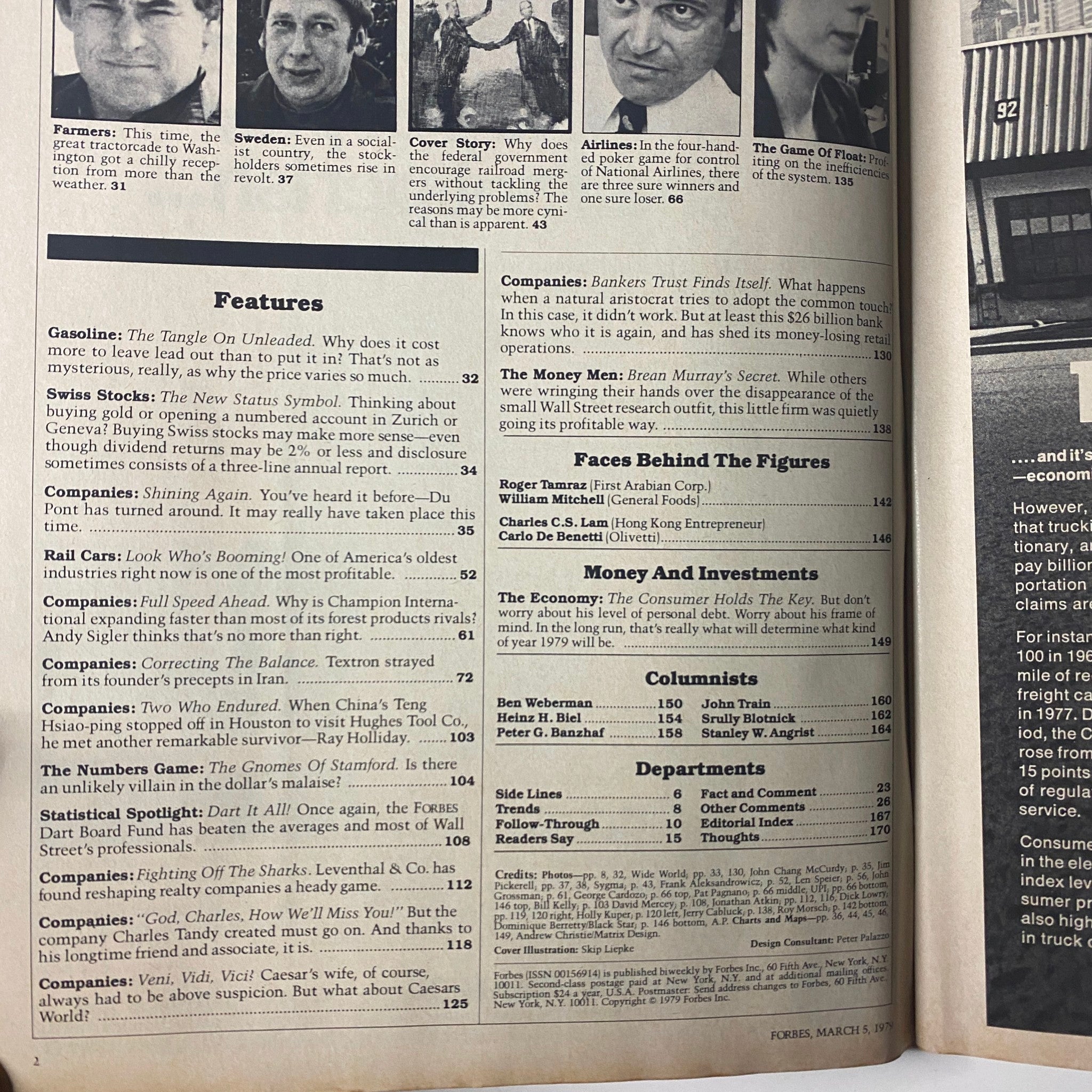 Inside page of Forbes Magazine from March 5, 1979, showcasing various articles including features on gasoline pricing, Swiss stocks, and notable business figures.