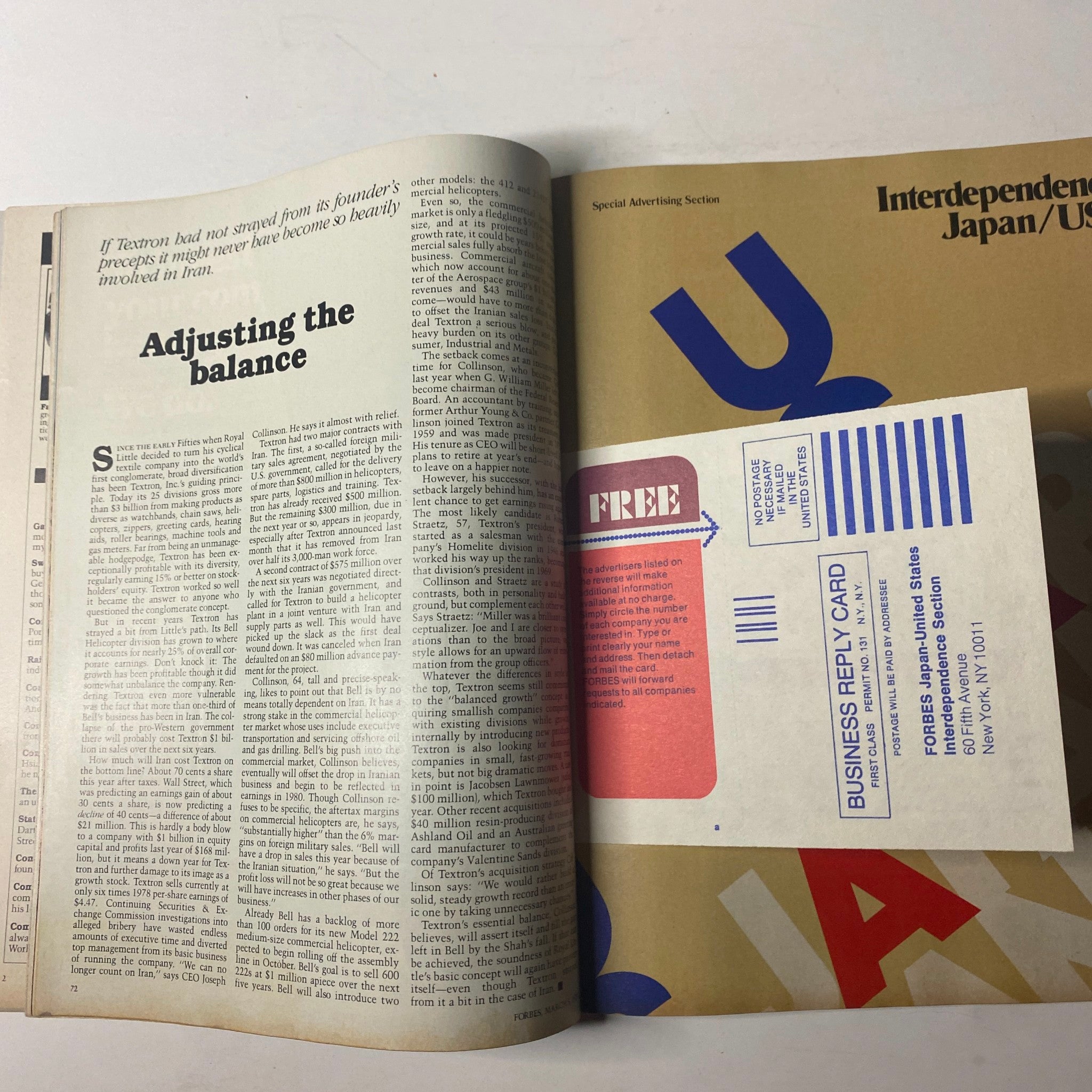 Inside pages of Forbes Magazine dated March 5, 1979, featuring an article 'Adjusting the balance,' highlighting the U.S. railroad industry and special advertising section.