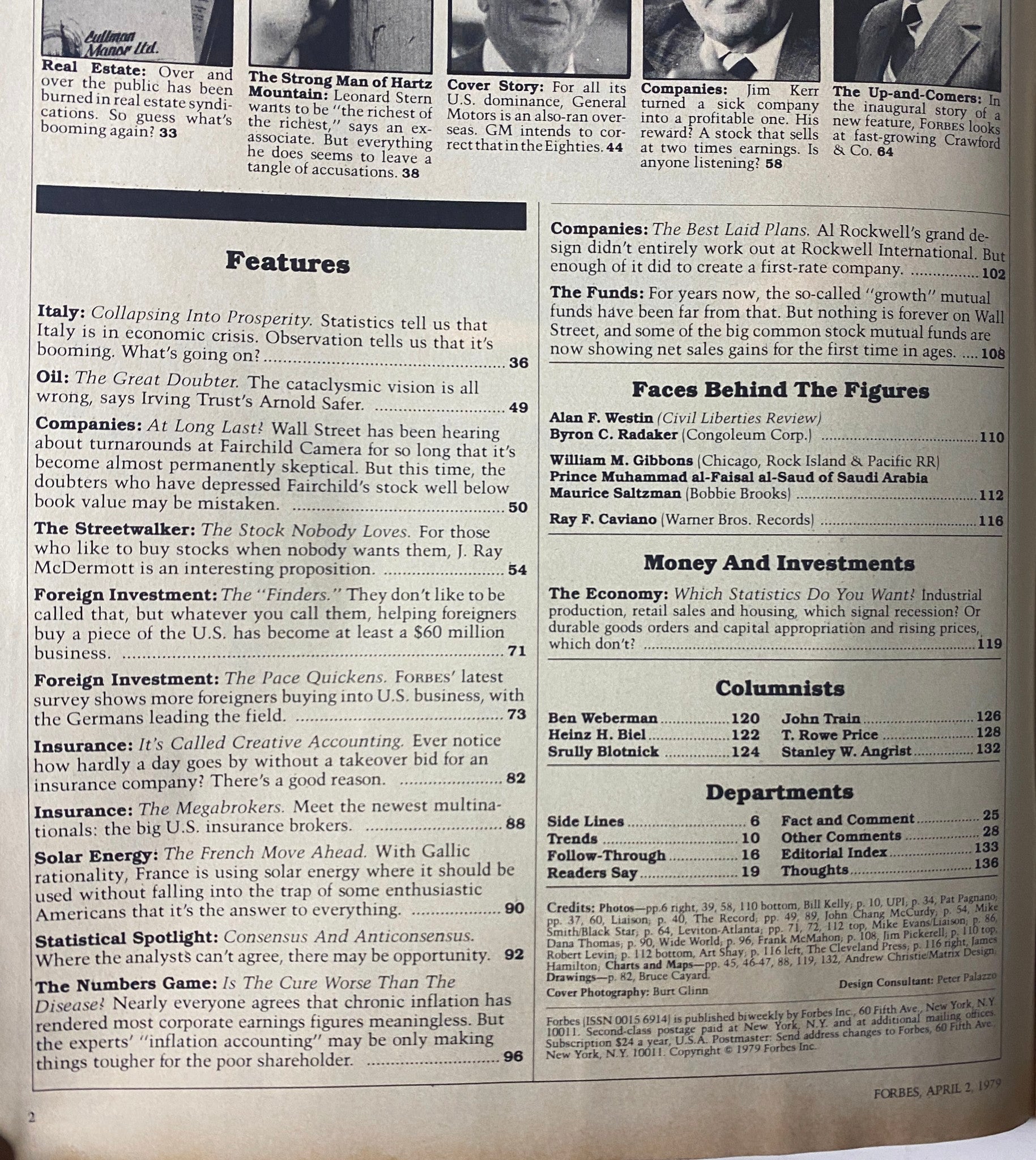 Inside pages of Forbes Magazine April 2, 1979 highlighting features on Italy's economy and various financial articles.