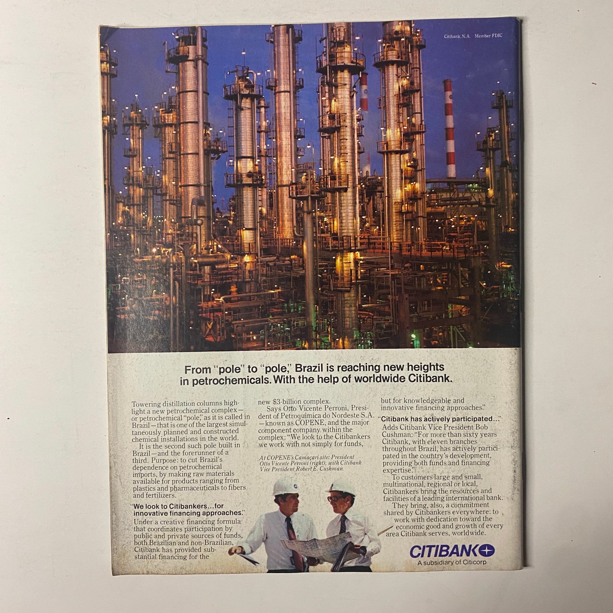 Back cover of Forbes Magazine April 2, 1979 featuring an advertisement for Citibank highlighting Brazil's petrochemical industry.