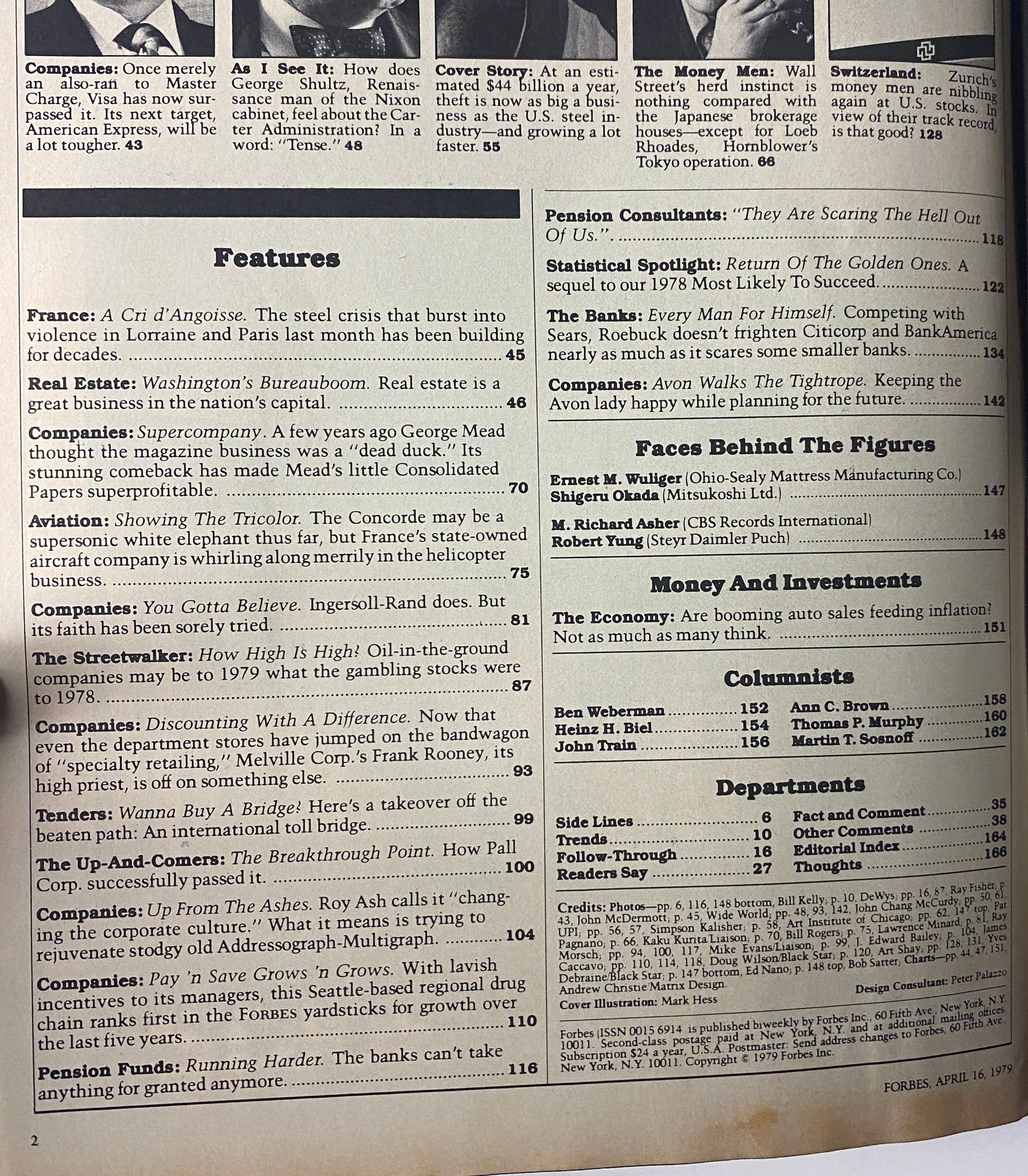 Table of contents from Forbes Magazine dated April 16, 1979, featuring articles on theft, economic insights, and business trends under the title 'Forbes Magazine April 16, 1979 The Growing Business of Theft'.