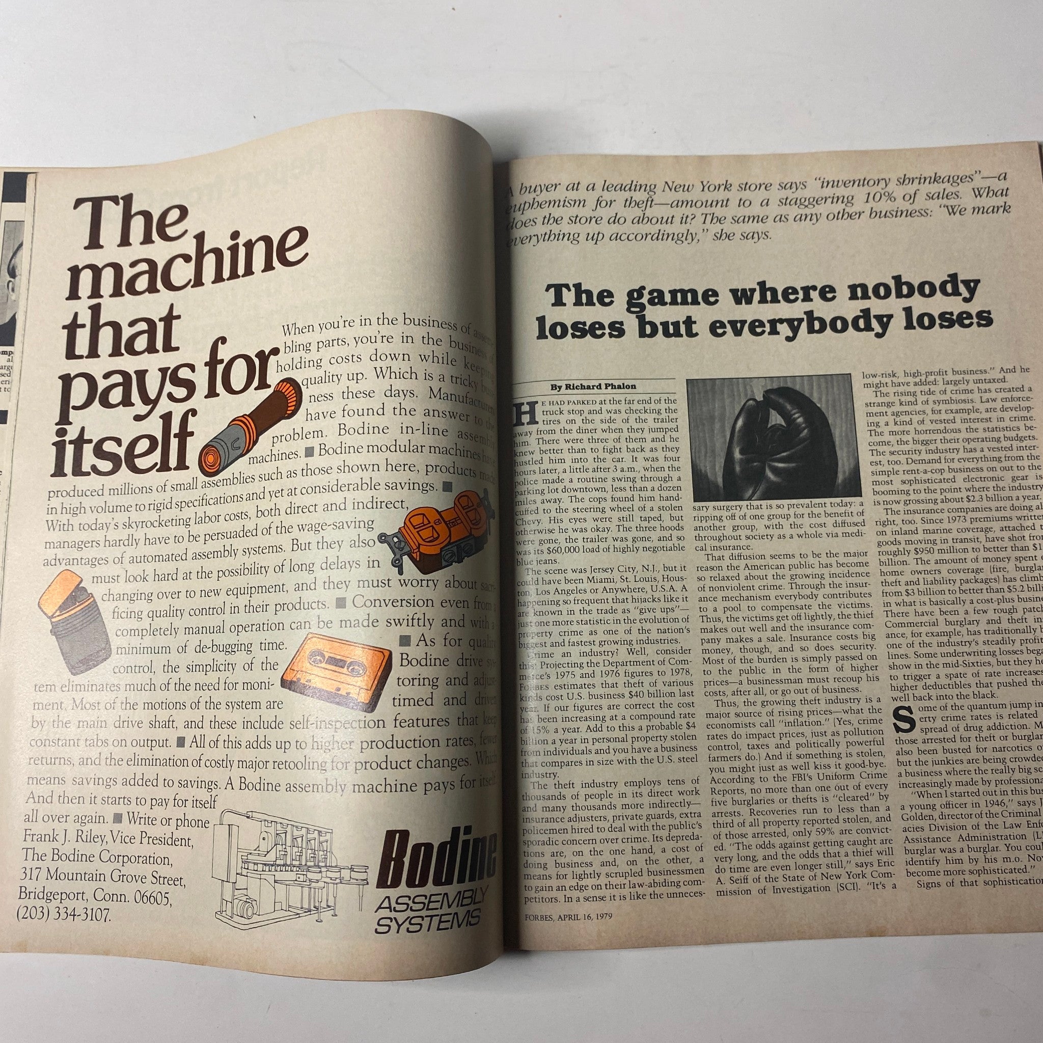 An article spread discussing assembly systems and inventory management from Forbes Magazine dated April 16, 1979, titled 'Forbes Magazine April 16, 1979 The Growing Business of Theft'.