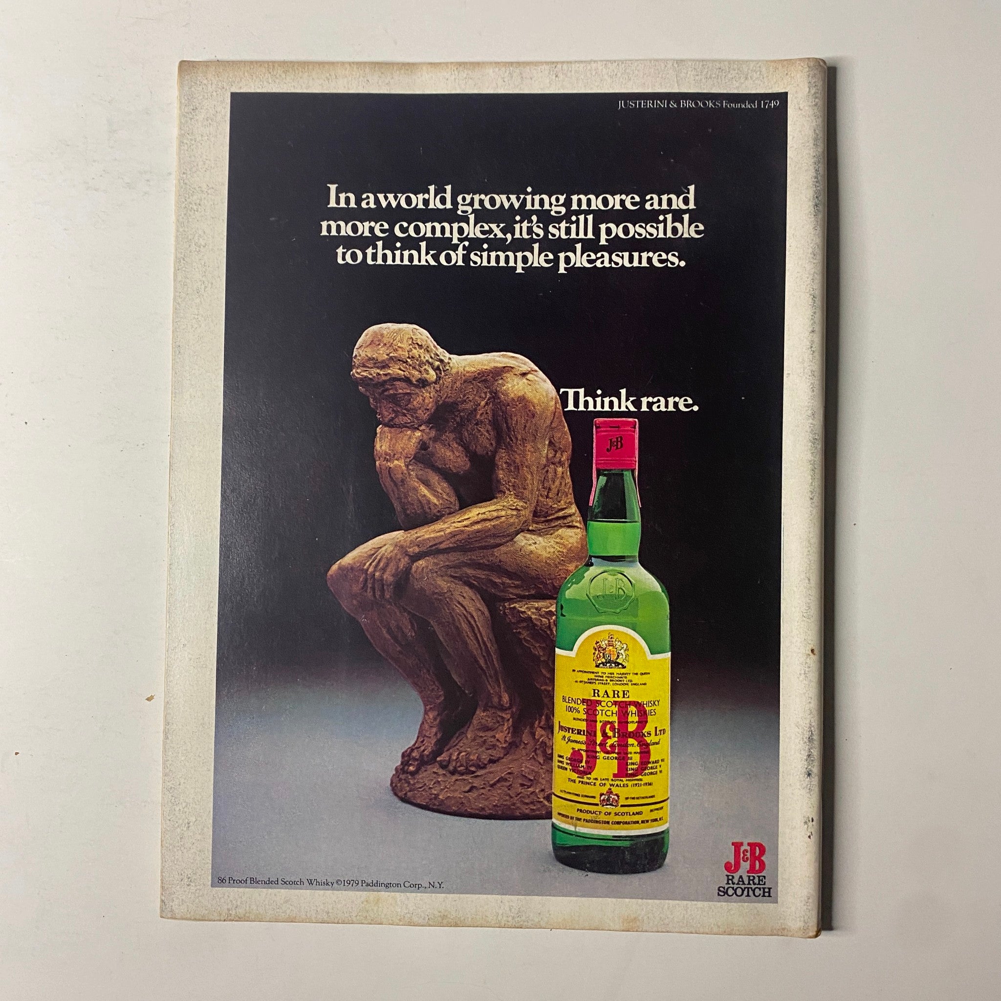 An advertisement featuring J&B Rare Scotch from Forbes Magazine dated April 16, 1979, with the tagline 'Think rare', alongside the title 'Forbes Magazine April 16, 1979 The Growing Business of Theft'.