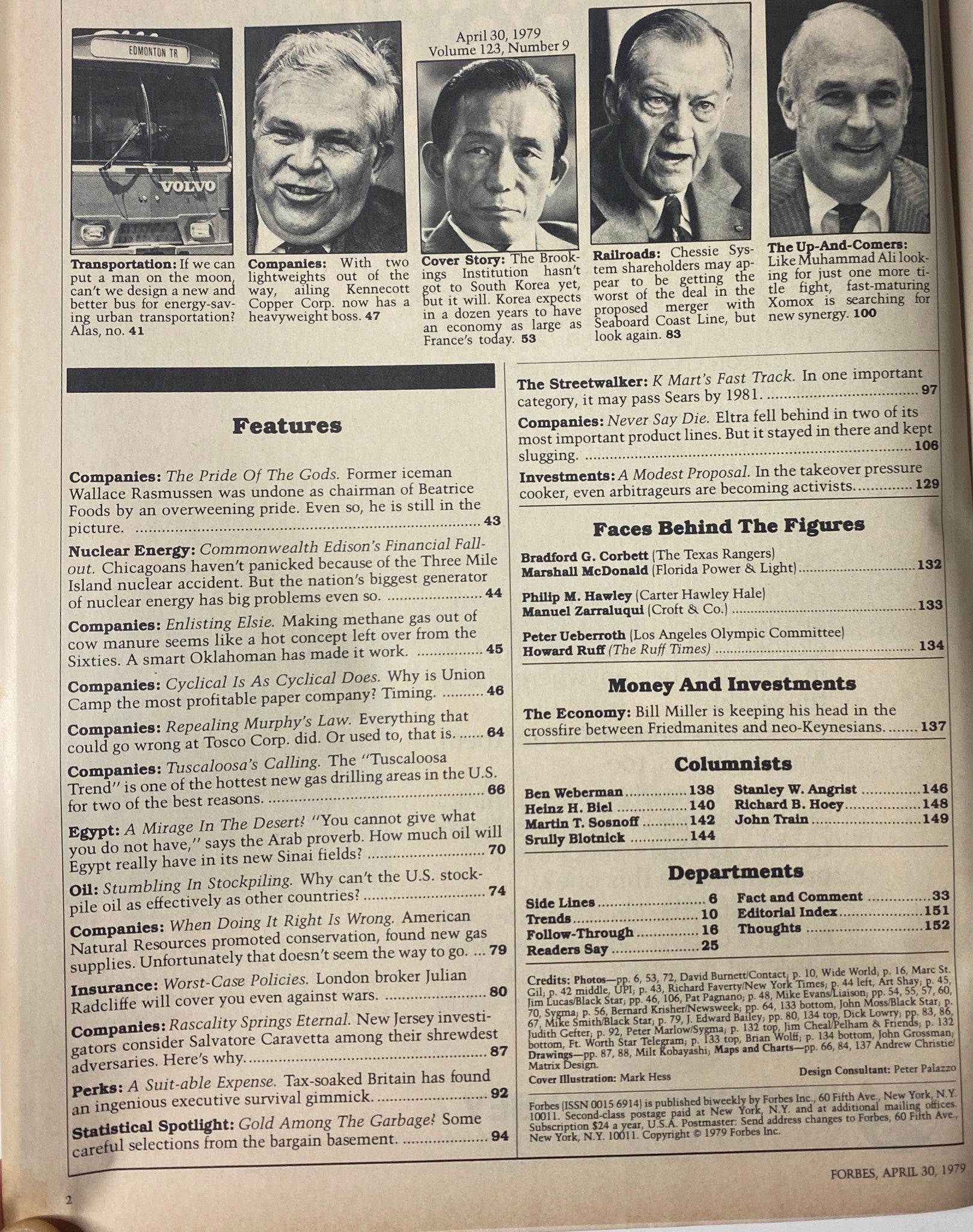 Inside page of Forbes Magazine April 30, 1979 listing features and articles, including the cover story about South Korea's economic ambitions.