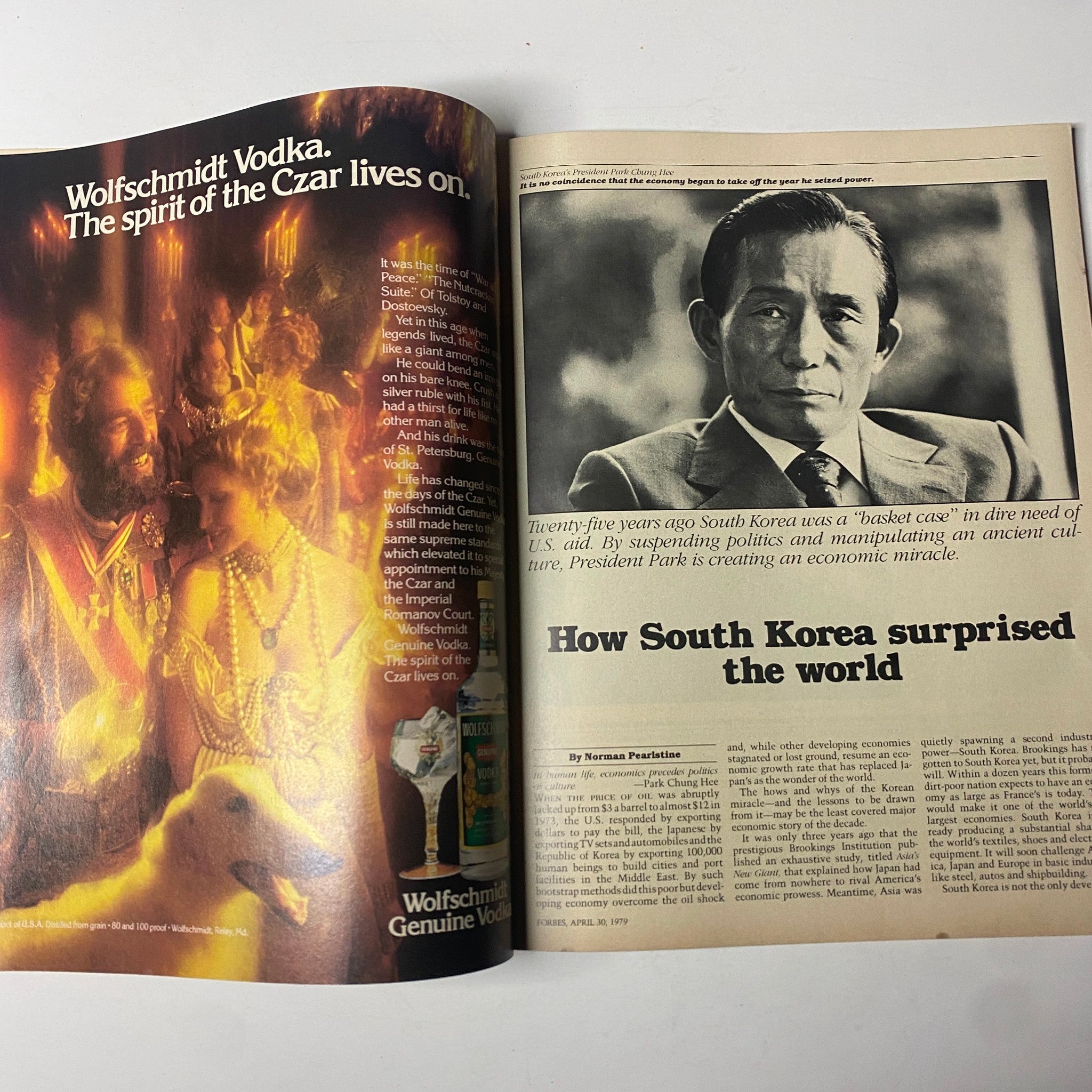 Open spread in Forbes Magazine April 30, 1979, showcasing an advertisement next to an article discussing South Korea's economic transformation.