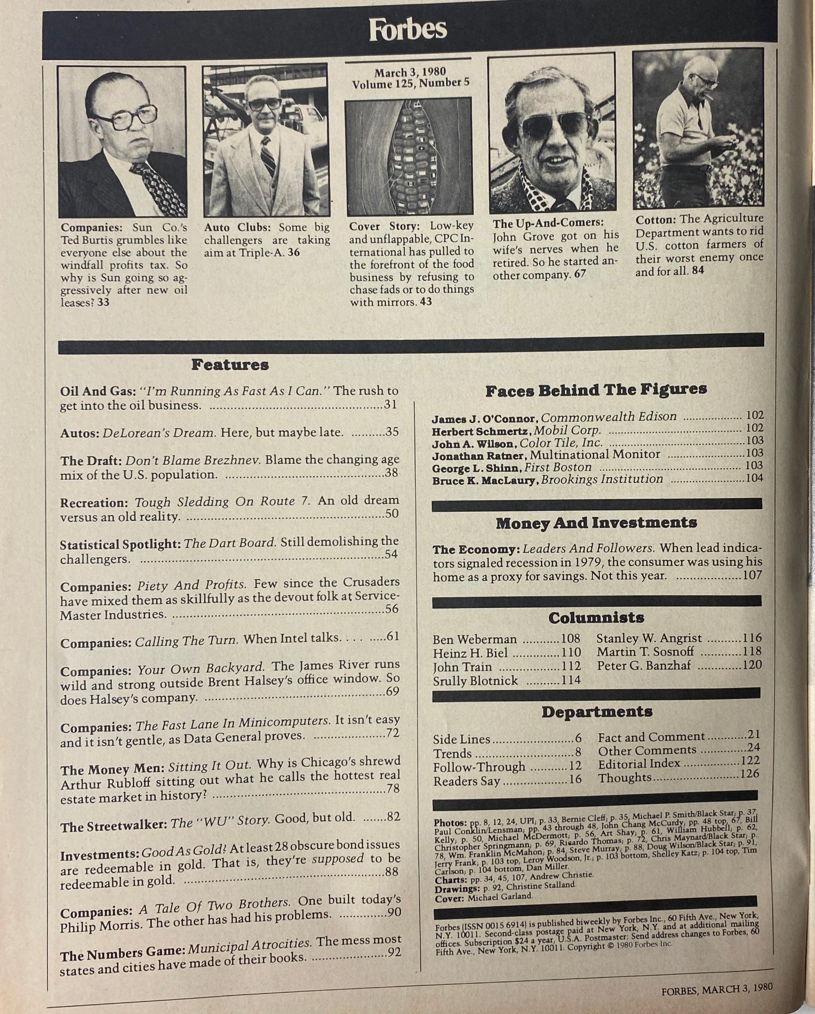 Inside page of Forbes Magazine March 3, 1980 showcasing articles and features including CPC International and Sun Co.
