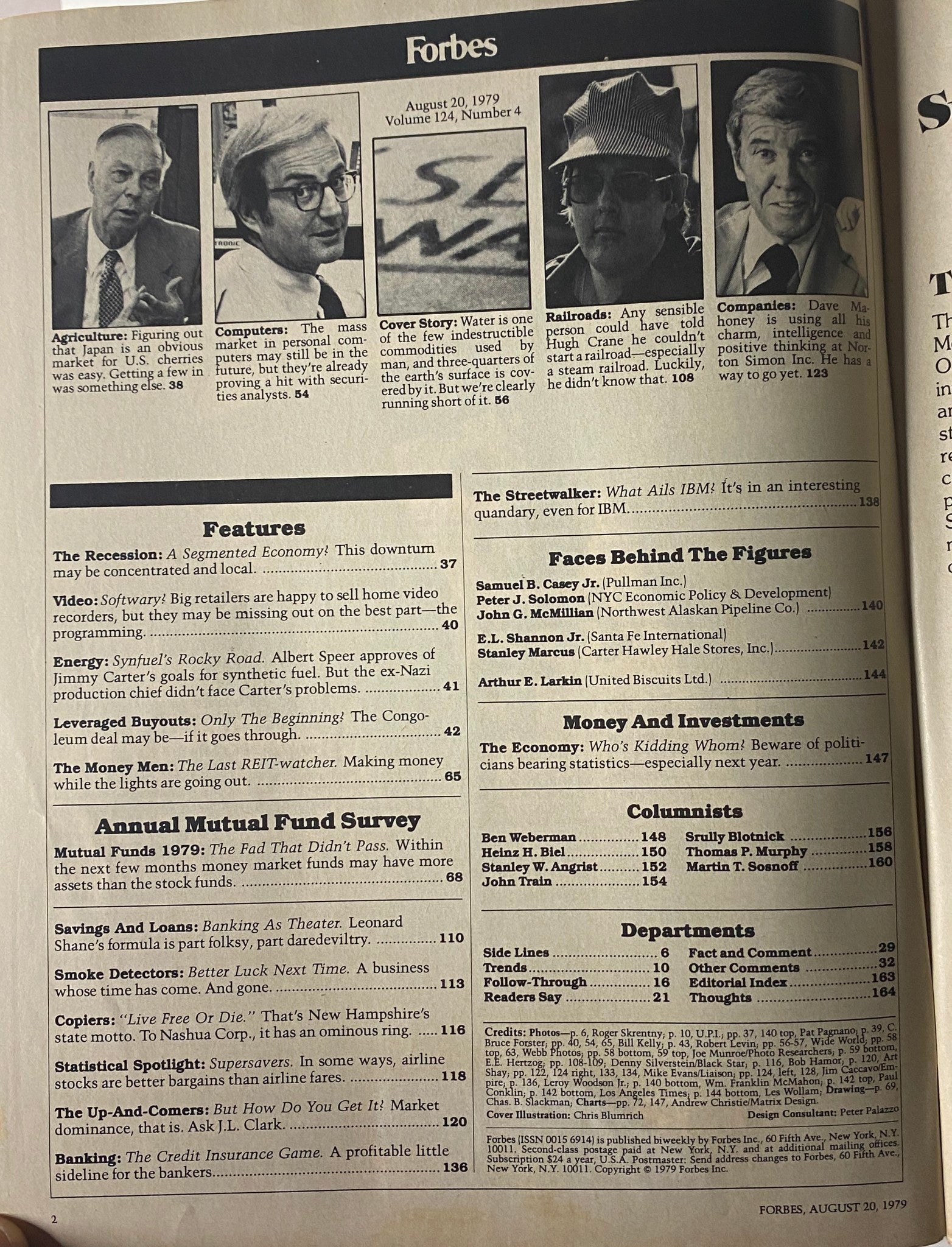 Interior page of Forbes Magazine August 20, 1979 showing the contents list including features like the Annual Mutual Fund Survey and cover story on water scarcity.