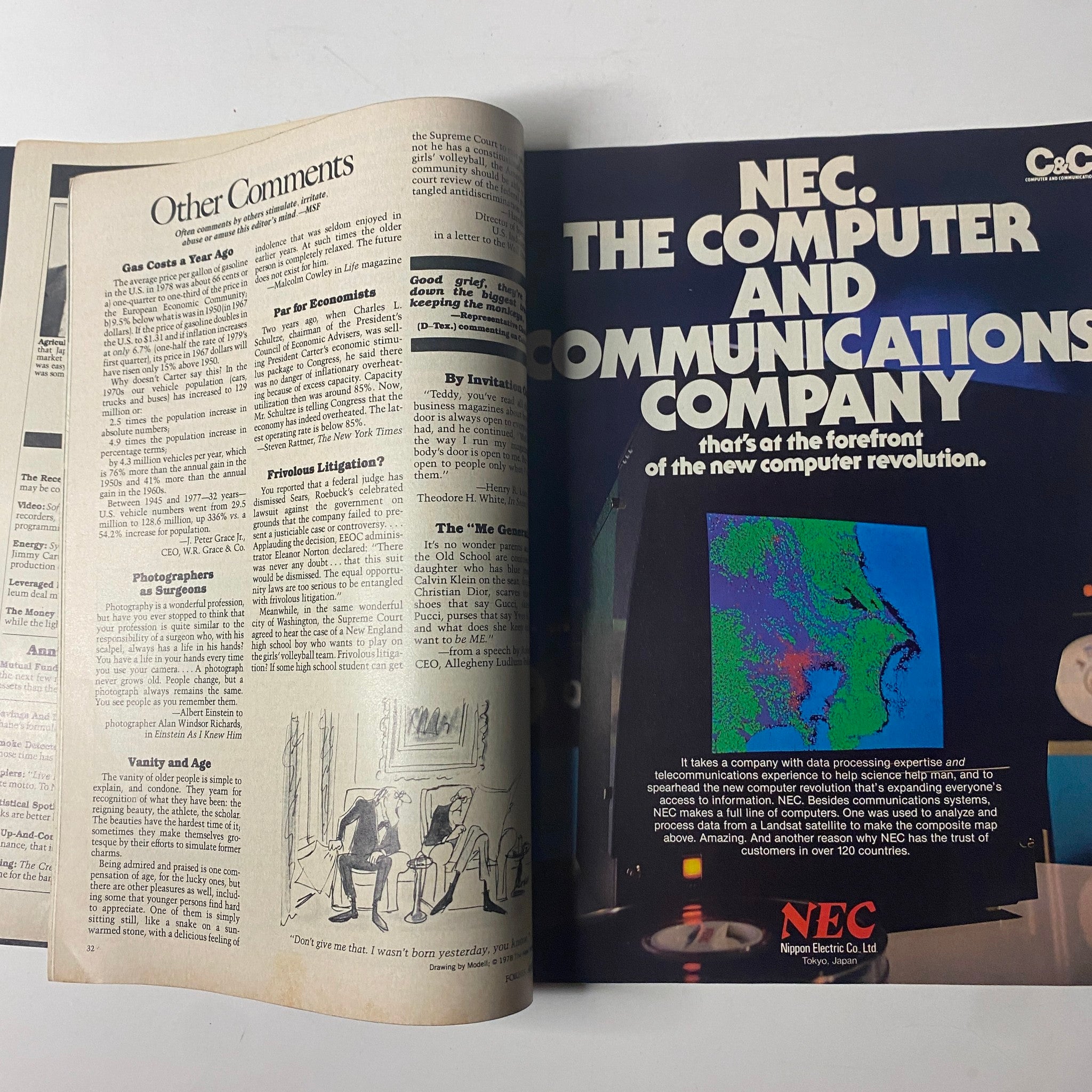 Editorial page from Forbes Magazine August 20, 1979 discussing various topics including economic commentary and advertising.