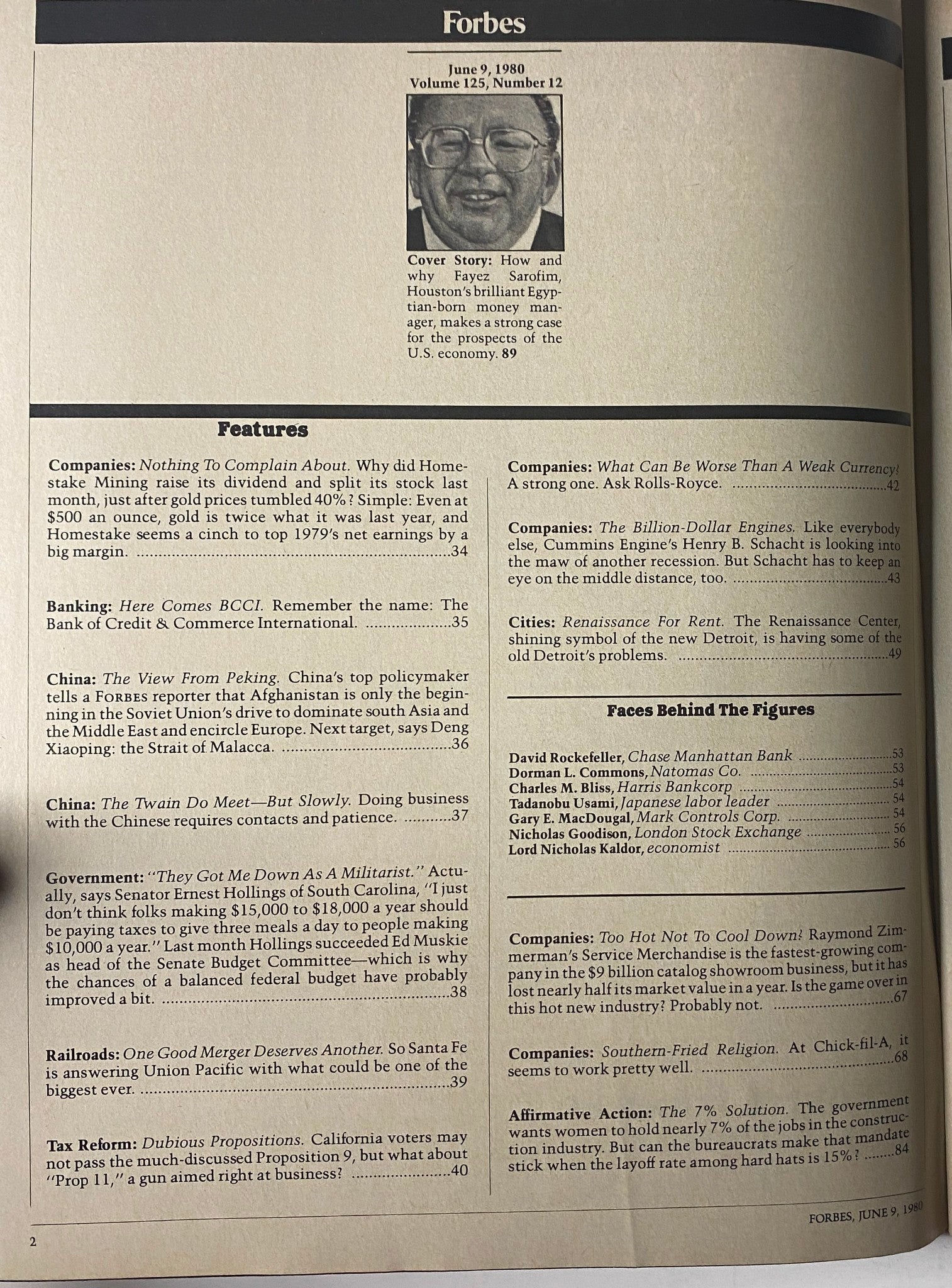 Inside page of Forbes Magazine dated June 9, 1980, detailing features including a cover story on Fayez Sarofim and the outlook for the U.S. economy during economic downturns.