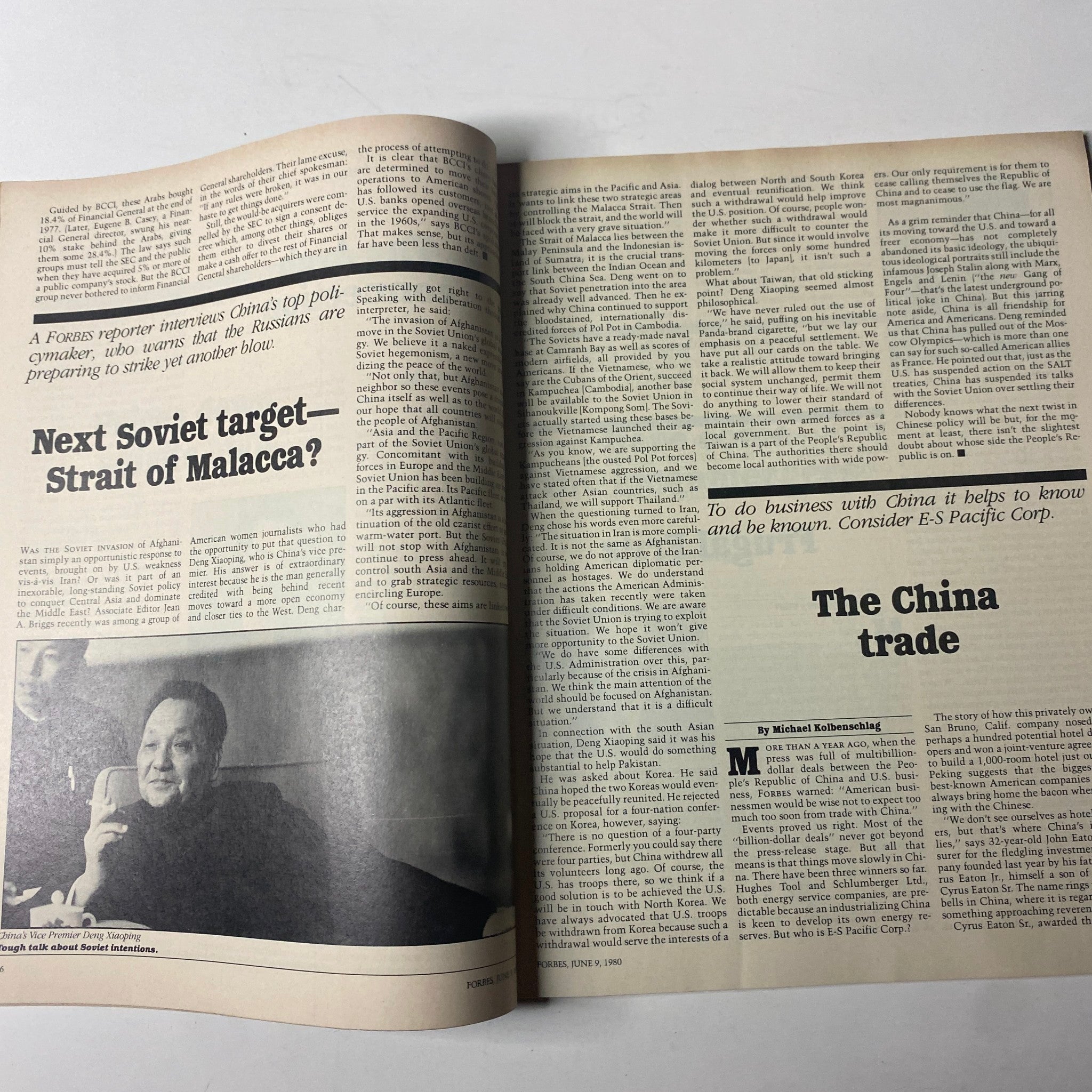 Two-page spread in Forbes Magazine from June 9, 1980 discussing China's political landscape and trade issues, relevant to the historical context of global markets.