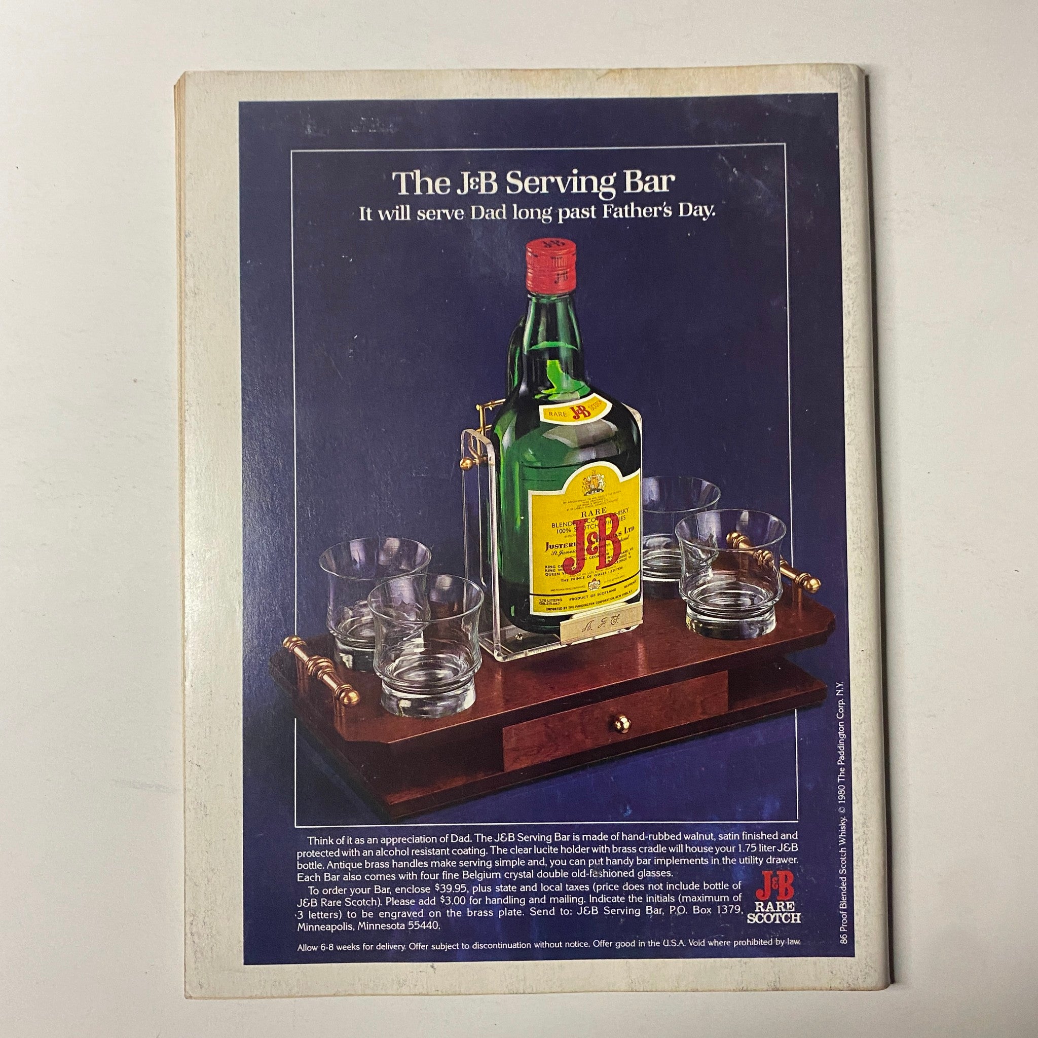 Vintage advertisement for the J&B Serving Bar featuring a bottle of J&B Scotch and glasses, paired with the title 'Forbes Magazine June 9, 1980 Moneyman Fayez Sarofim VG'. The ad highlights its suitability as a Father's Day gift, showcasing the wooden serving tray with engraved personalization options.