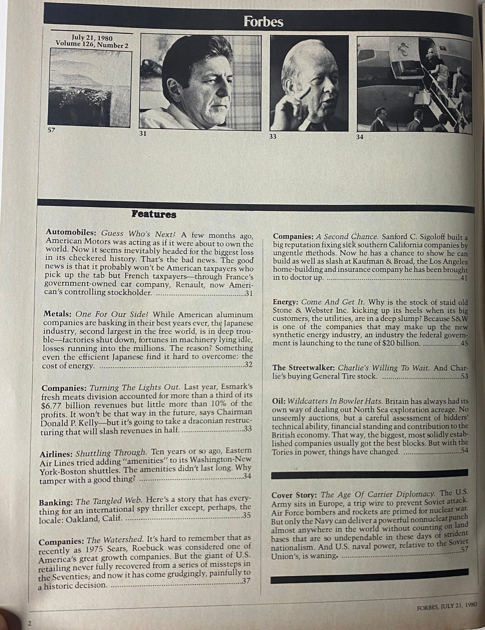 Contents page of Forbes Magazine July 21, 1980, showcasing a list of features including articles on automobiles, companies, and military spending.