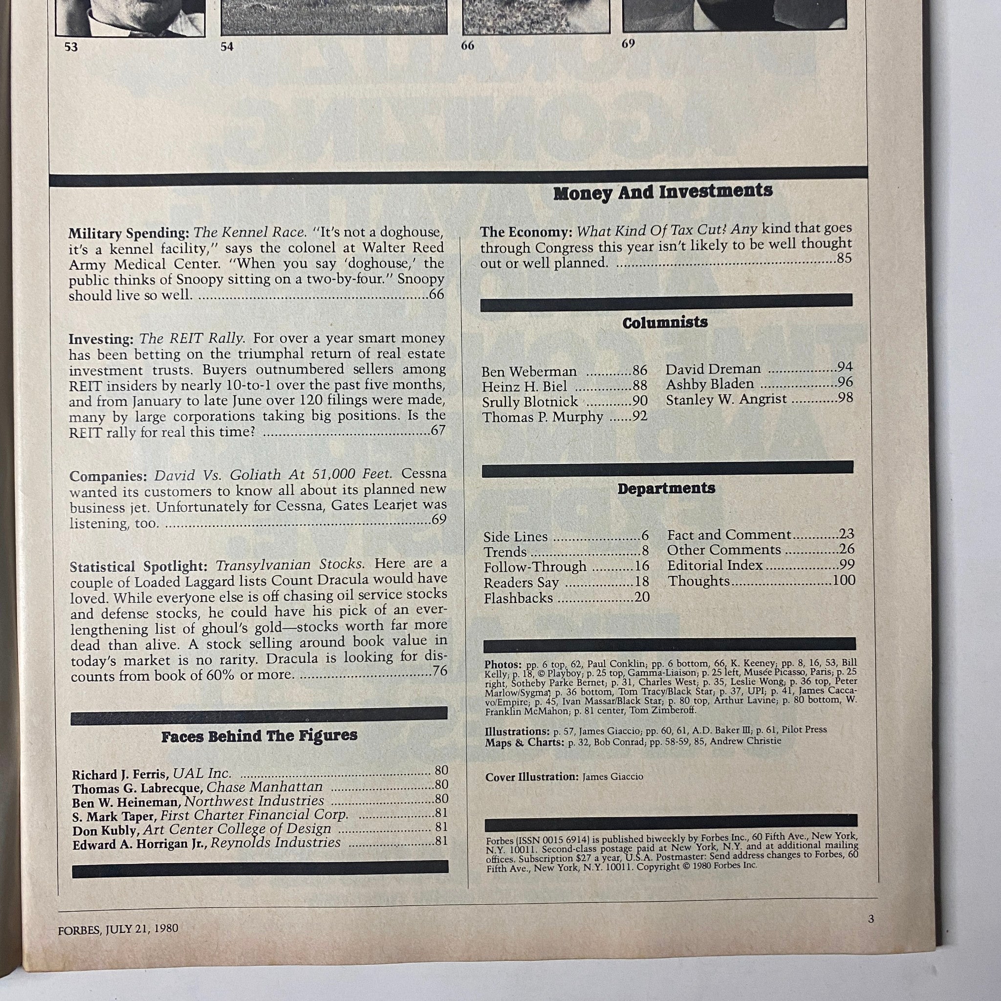 Back cover of Forbes Magazine July 21, 1980 with additional information on articles and advertisements from the era.