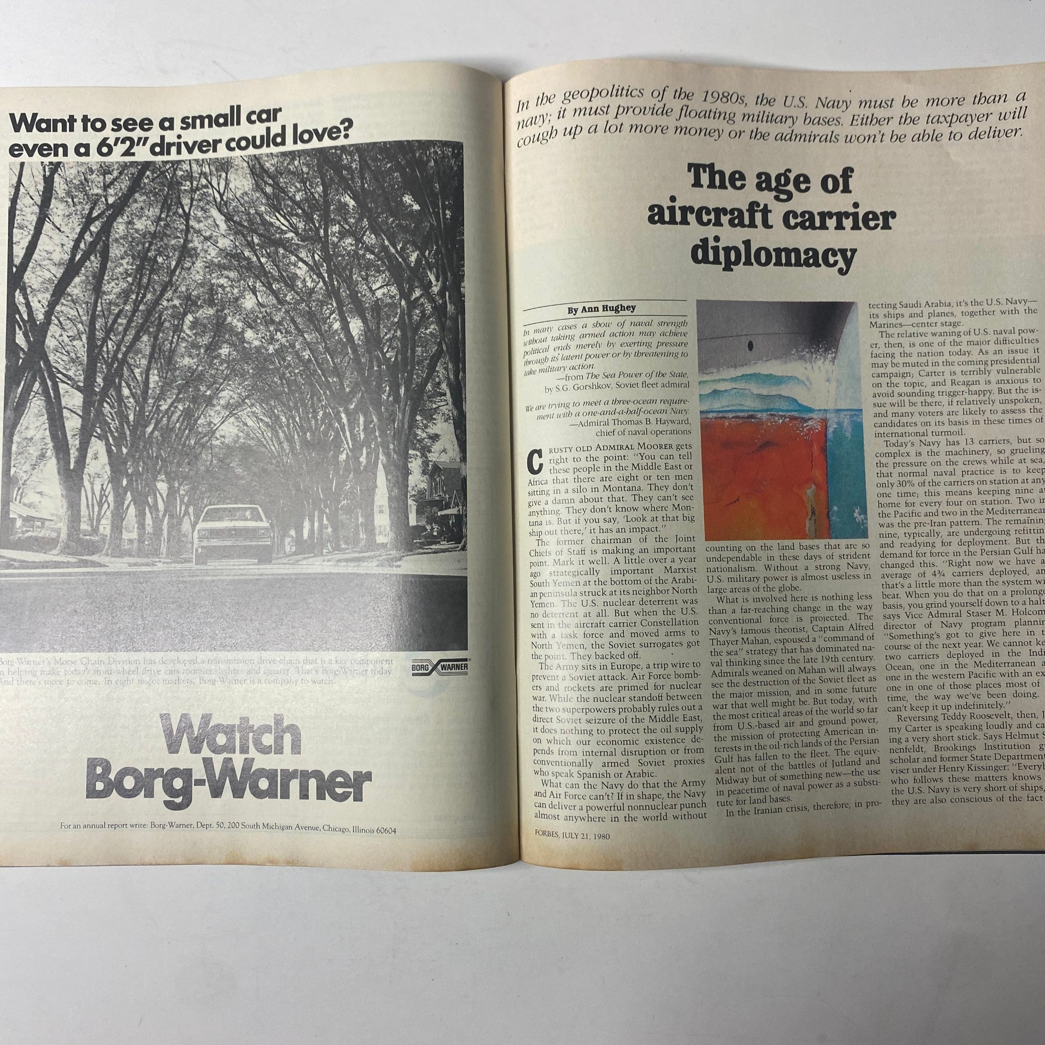 Inside spread of Forbes Magazine July 21, 1980 discussing the 'Age of Aircraft Carrier Diplomacy' with illustrative graphics.