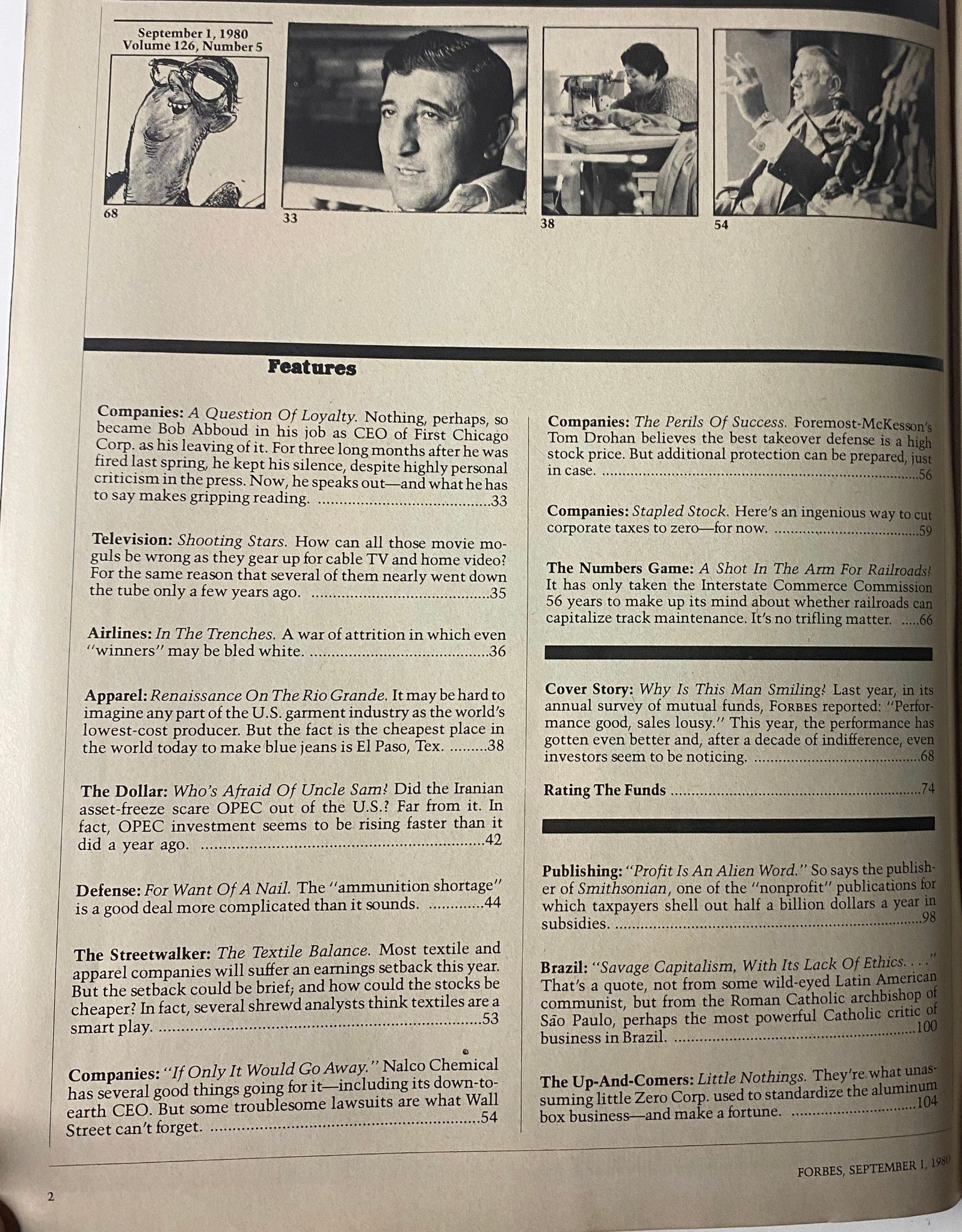 Inside pages of Forbes Magazine, September 1, 1980, highlighting key features and articles related to the financial market and annual mutual fund survey.