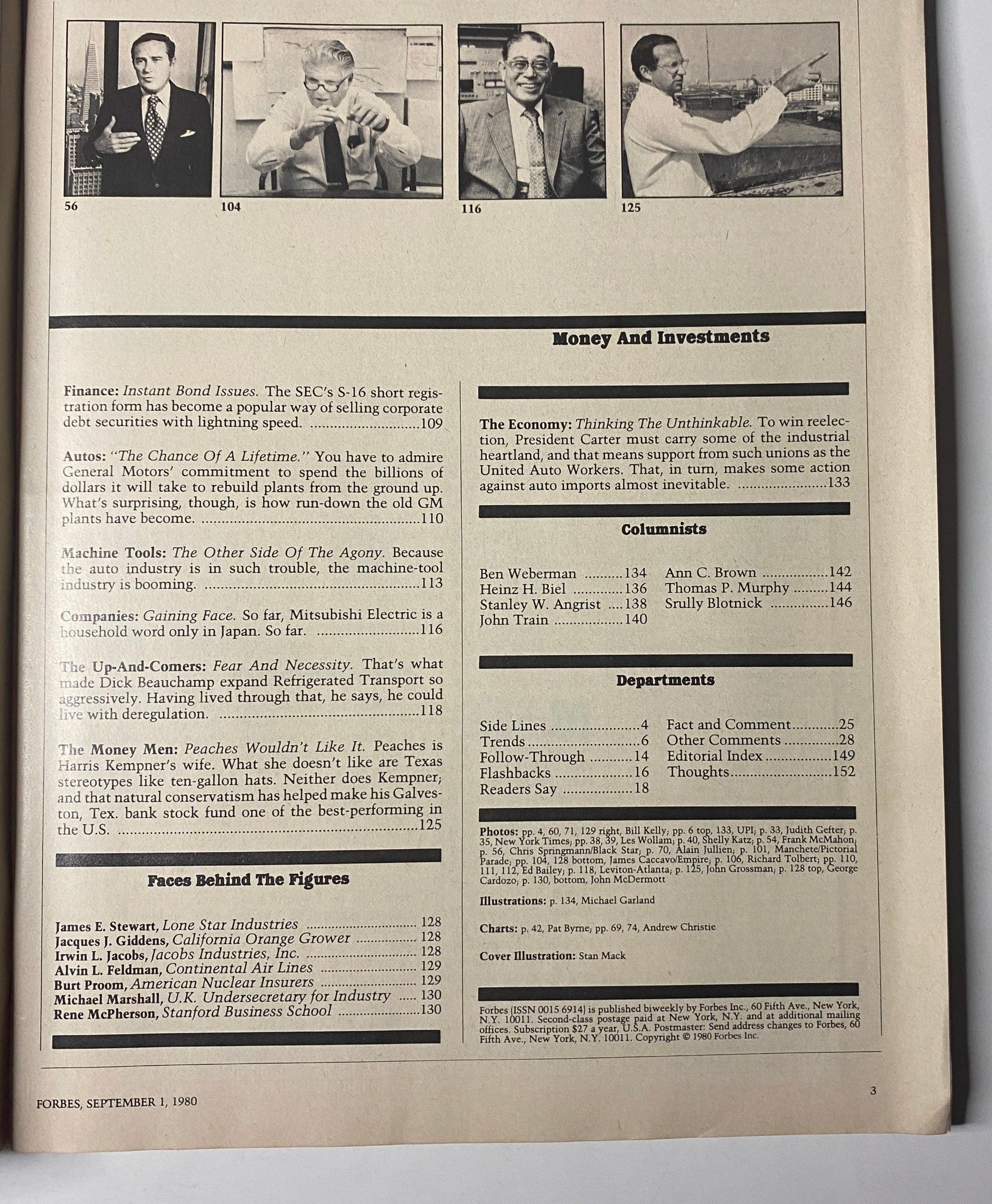 Inside pages of Forbes Magazine, September 1, 1980, displaying content on economics, investments, and key figures in the financial landscape.