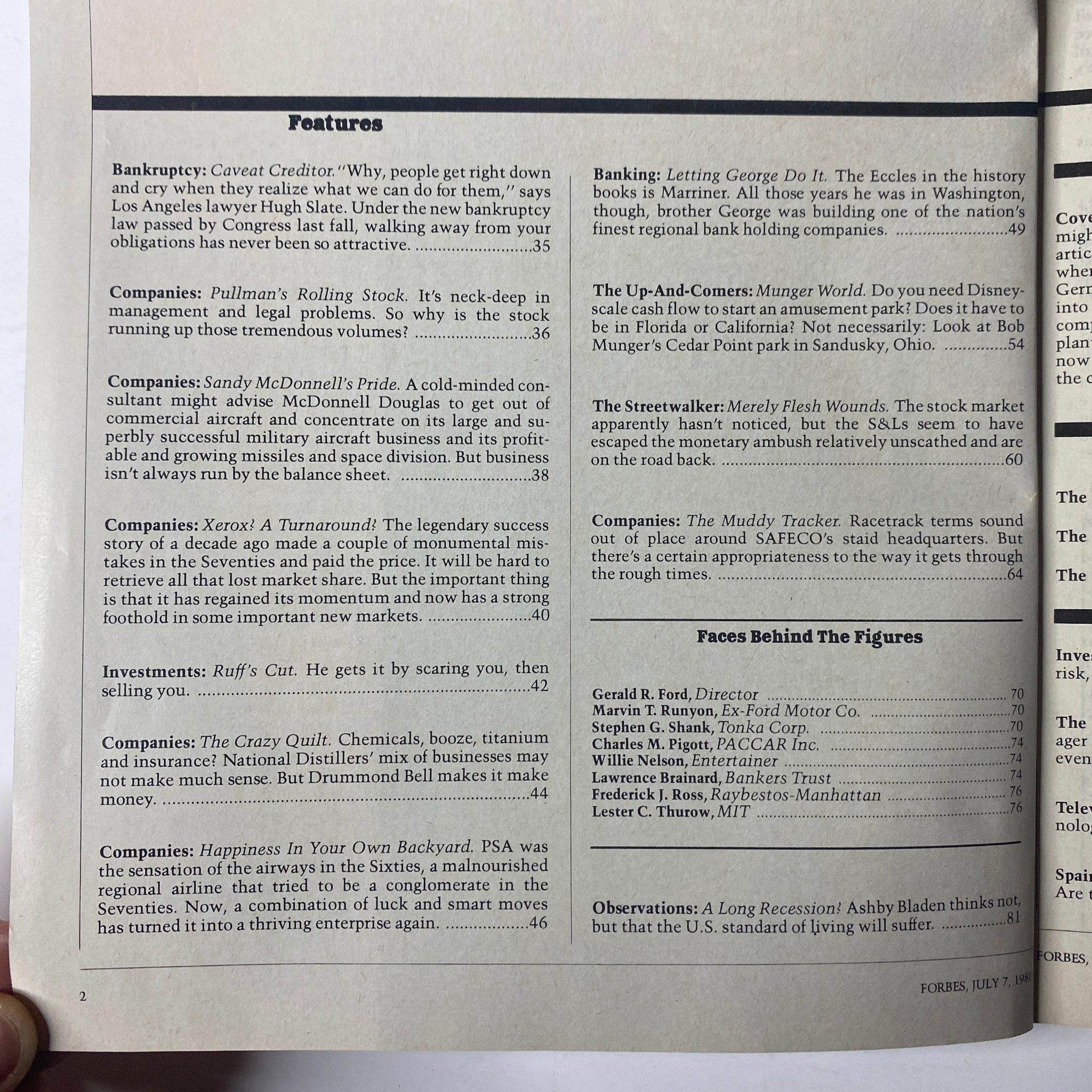 Inside features of Forbes Magazine July 7, 1980, detailing bankruptcy, corporate strategies of companies like Pullman and McDonnell Douglas.