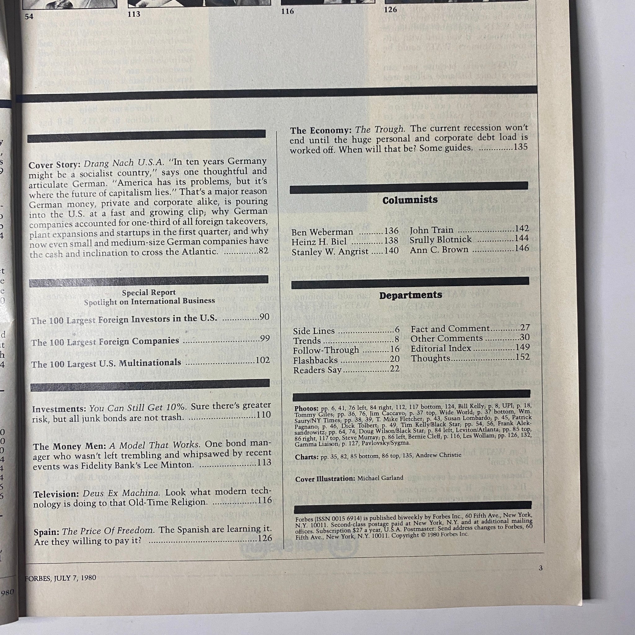 Table of contents from Forbes Magazine July 7, 1980 highlighting articles on international business and company insights, including 'Drang Nach U.S.A.'.