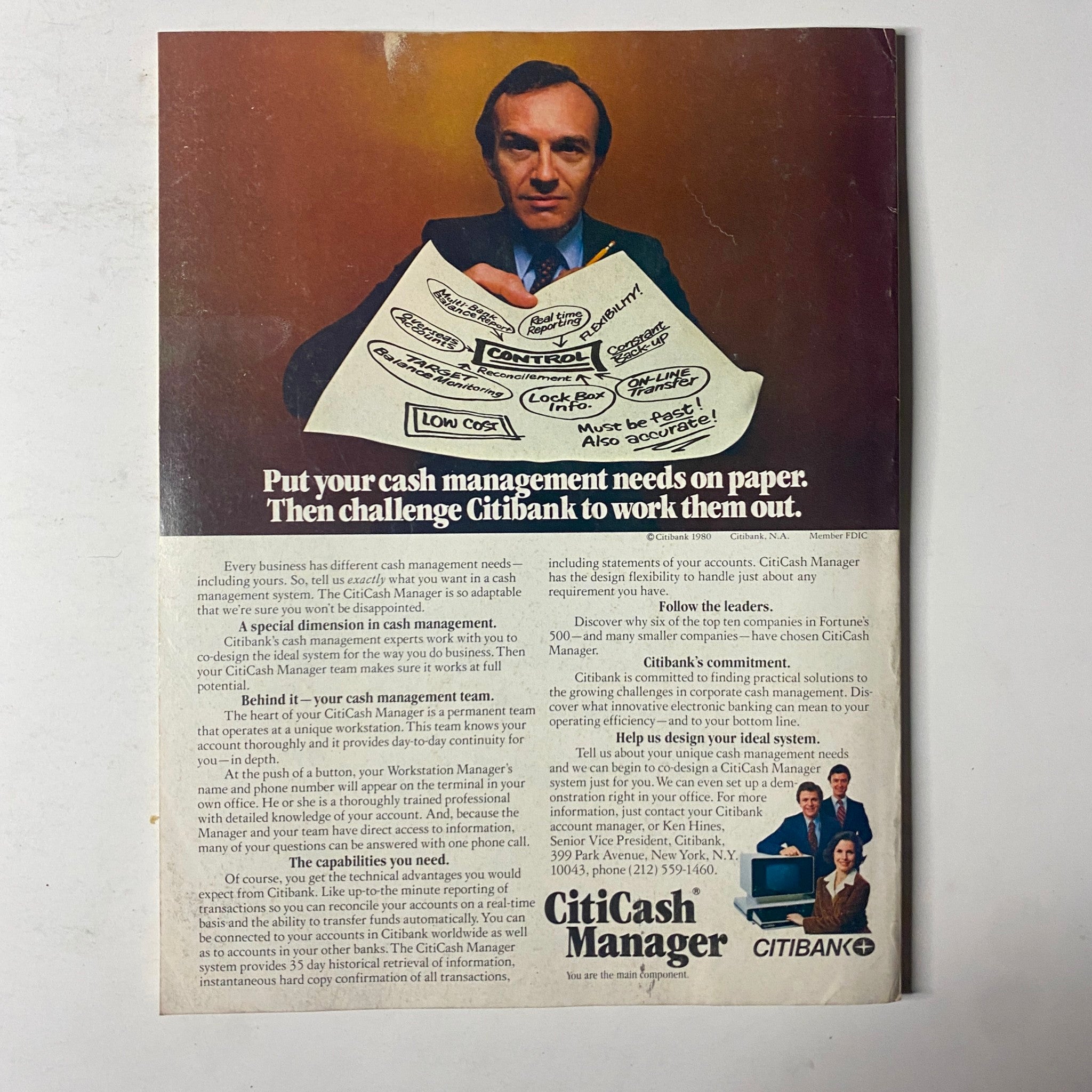 Forbes Magazine July 7, 1980 cover featuring a man discussing cash management strategies for businesses, promoting Citibank's CitiCash Manager. The image focuses on the importance of tailored financial solutions and highlights various cash management tools.