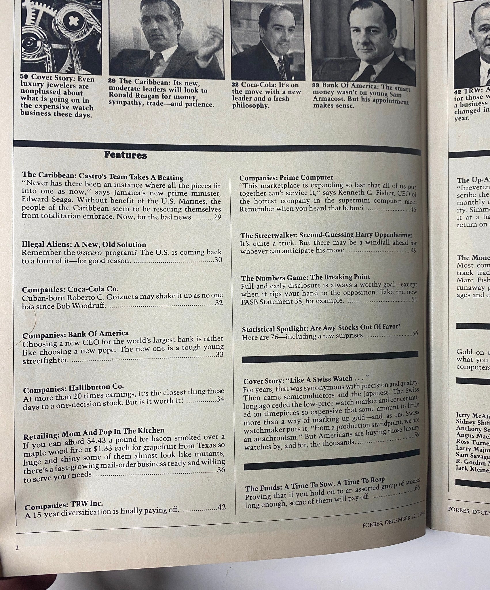 Inside page of Forbes Magazine December 29, 1980 highlighting various features, including a cover story on Swiss watches amidst Japanese competition.