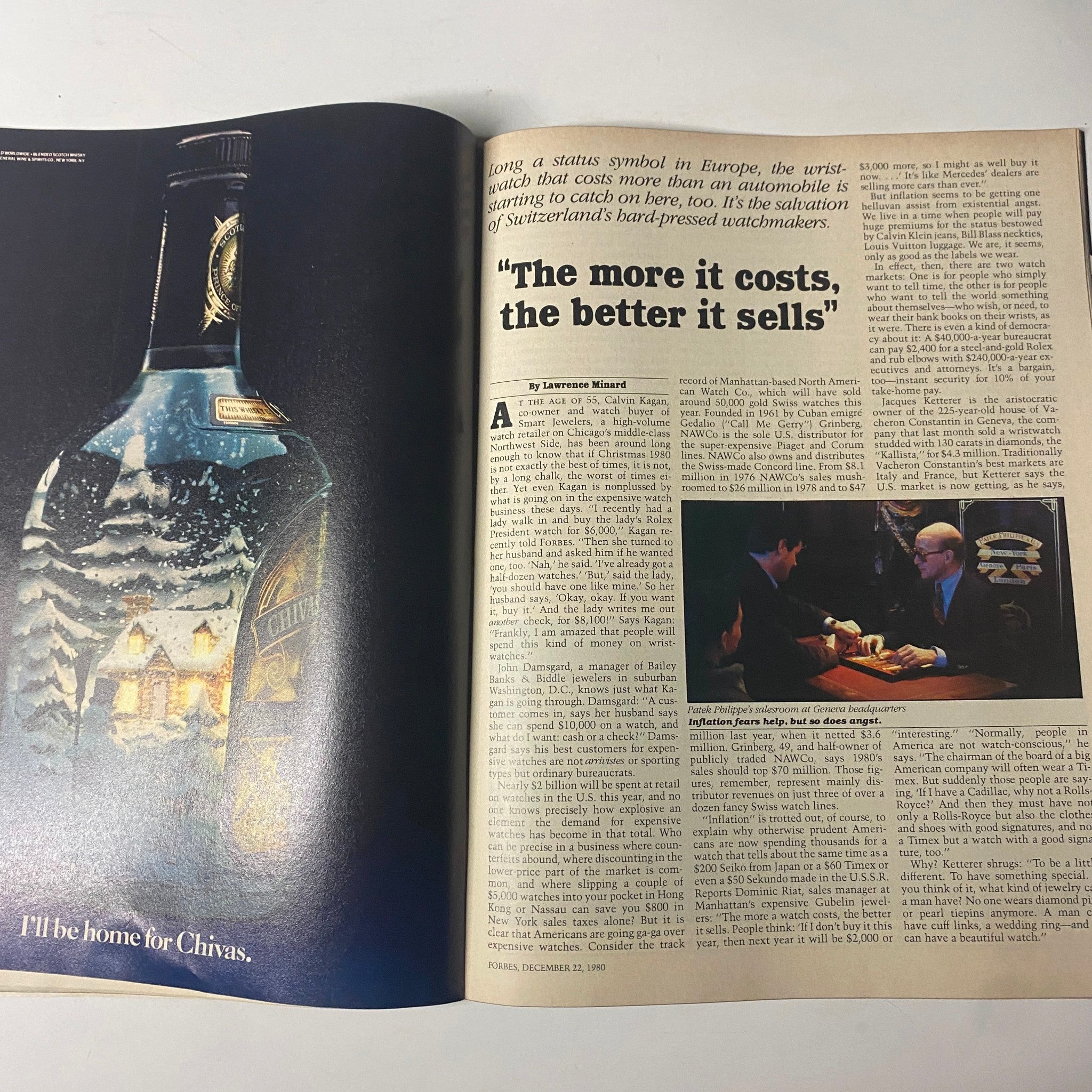 Inside article from Forbes Magazine December 29, 1980 discussing luxury items and their market dynamics, reflecting on the watch industry's relevance.
