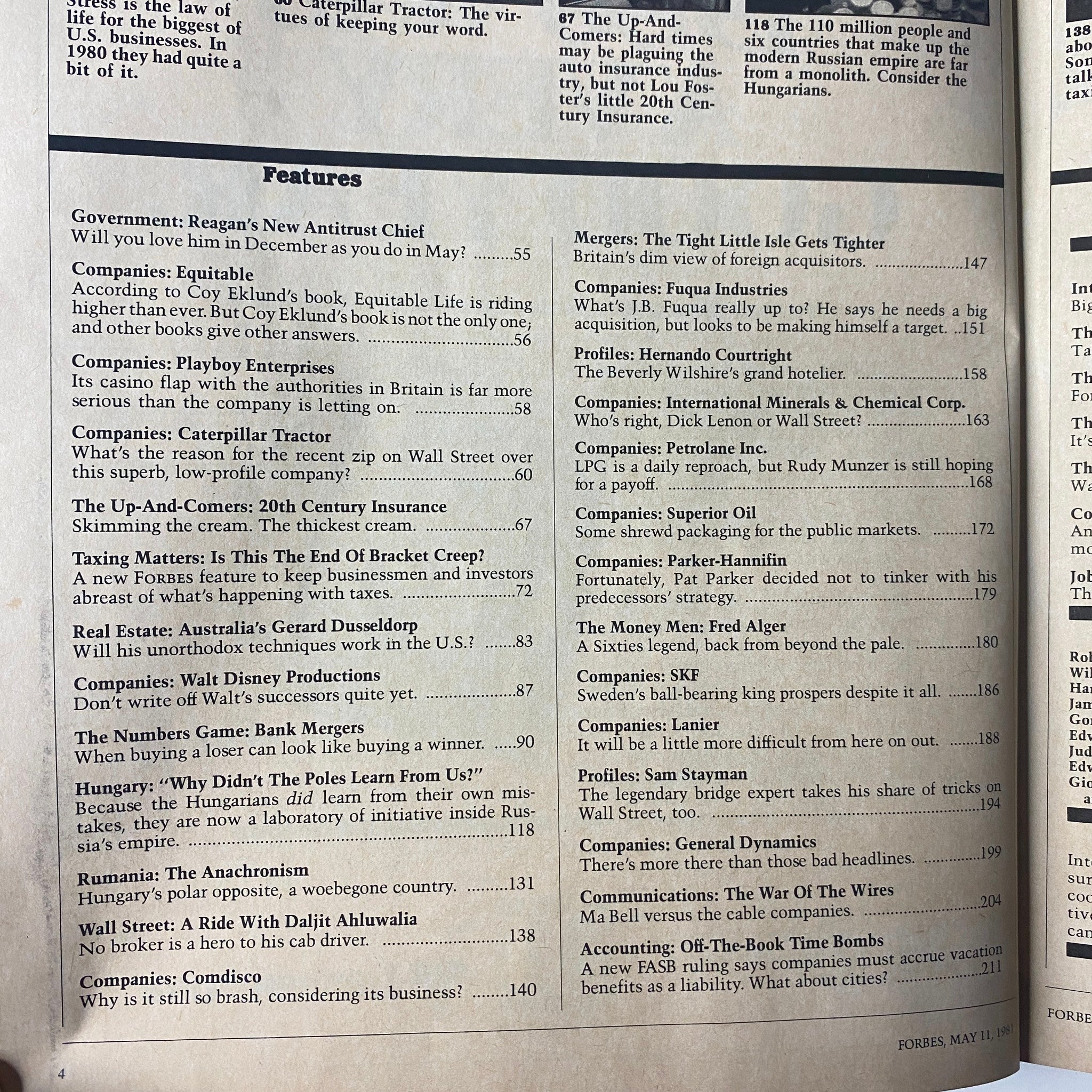 Features page from Forbes Magazine May 11, 1981, highlighting articles on government policies, corporate trends, and various companies.
