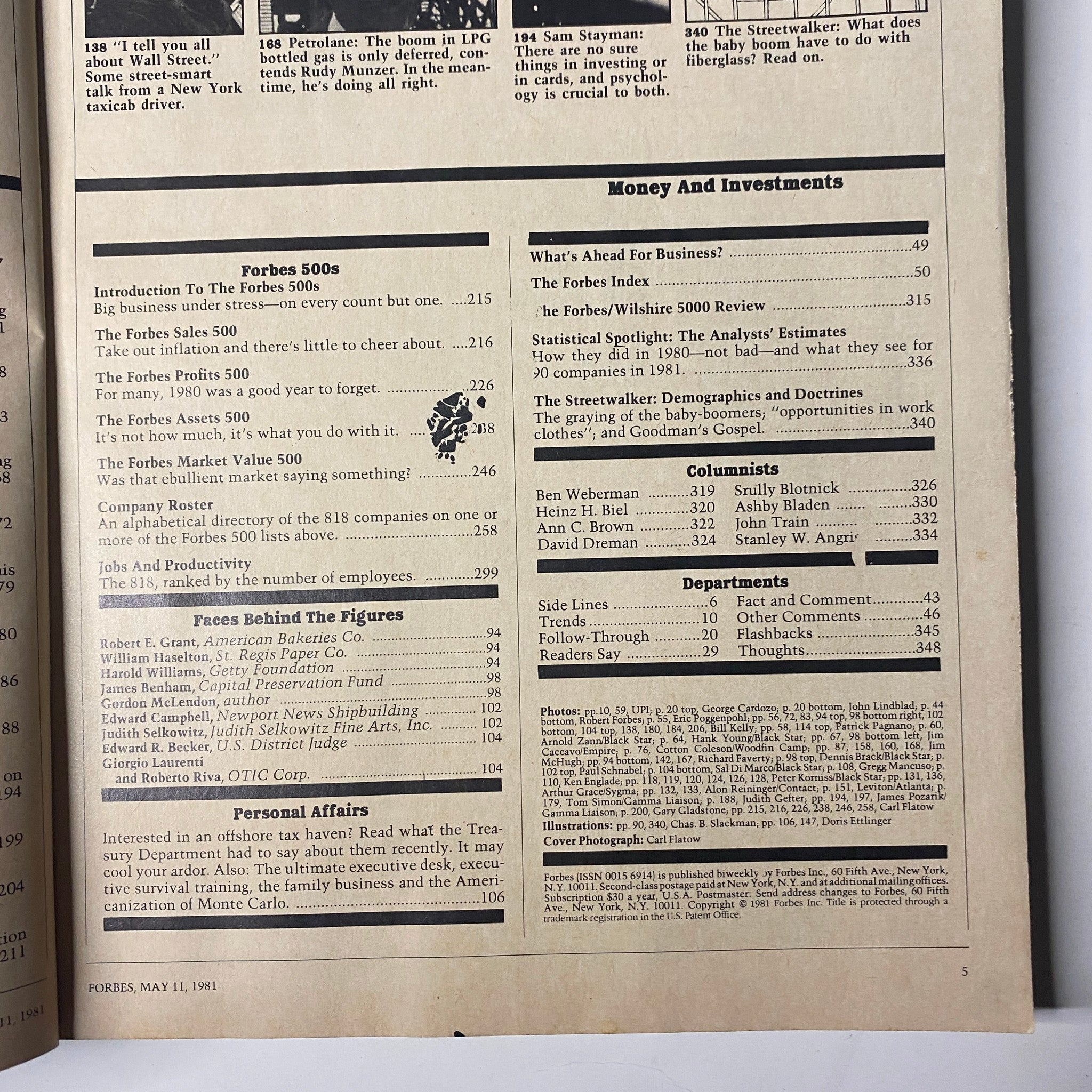 Forbes Magazine May 11, 1981 page featuring the Forbes 500 list and financial analysis insights, showcasing business rankings and market evaluations.