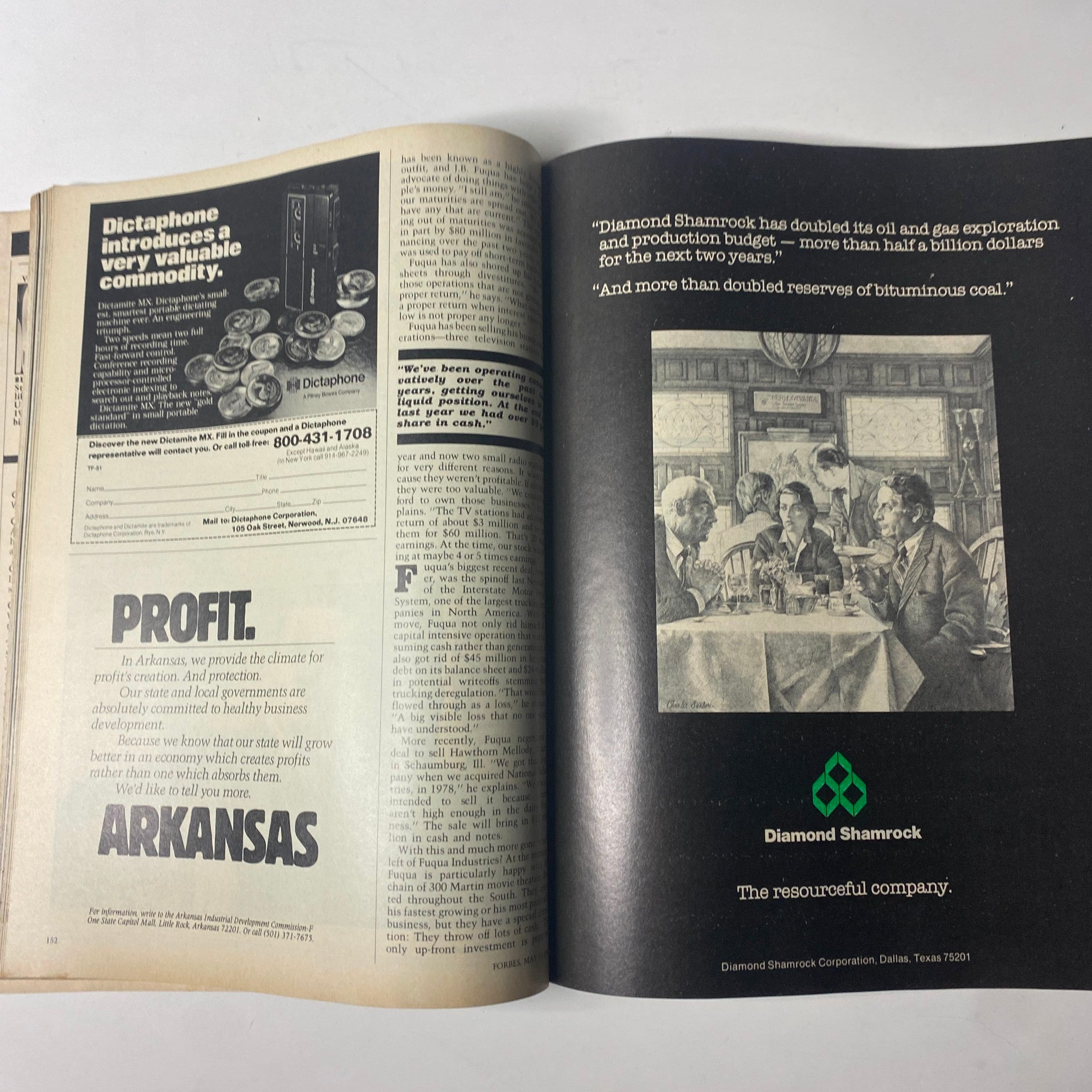 Magazine spread from Forbes May 11, 1981 featuring advertisements and insights into corporate strategies and businesses during the early 1980s.