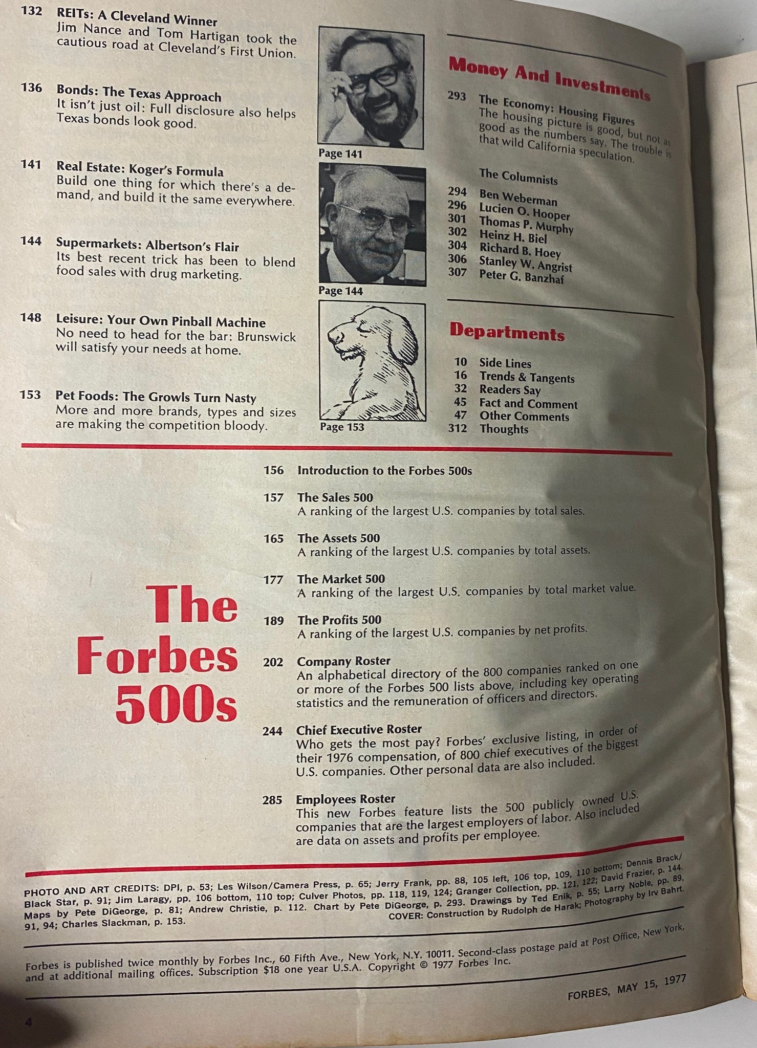 Interior page of Forbes Magazine May 15, 1977 displaying sections including Money and Investments, featuring an introduction to the Forbes 500 rankings of the largest U.S. companies by sales, assets, market value, and profits.
