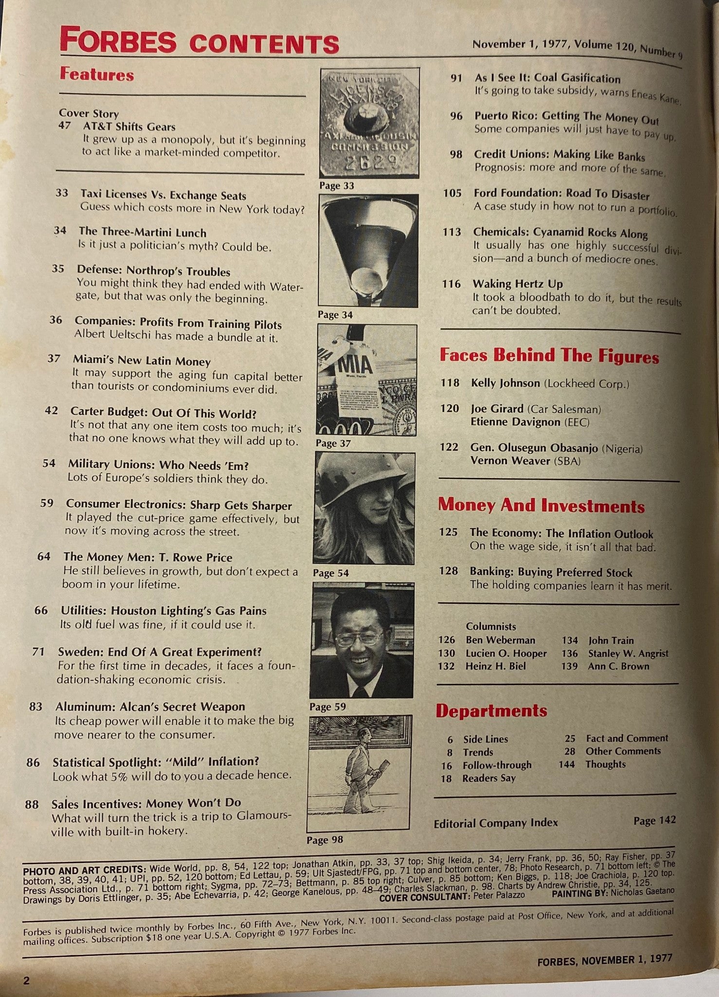Contents page of Forbes Magazine November 1, 1977, listing features including 'AT&T Shifts Gears' and various economic trends, showcasing the magazine's focus on corporate insights and economic analysis.