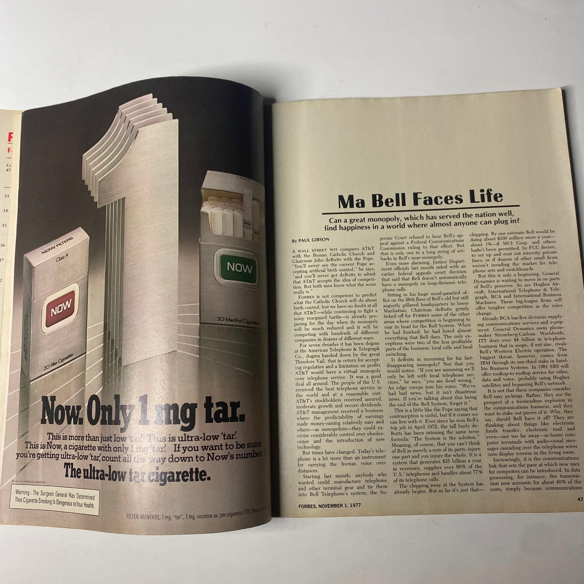 Forbes Magazine November 1, 1977, featuring the article 'Ma Bell Faces Life' discussing AT&T's transformation in the telecommunications industry.