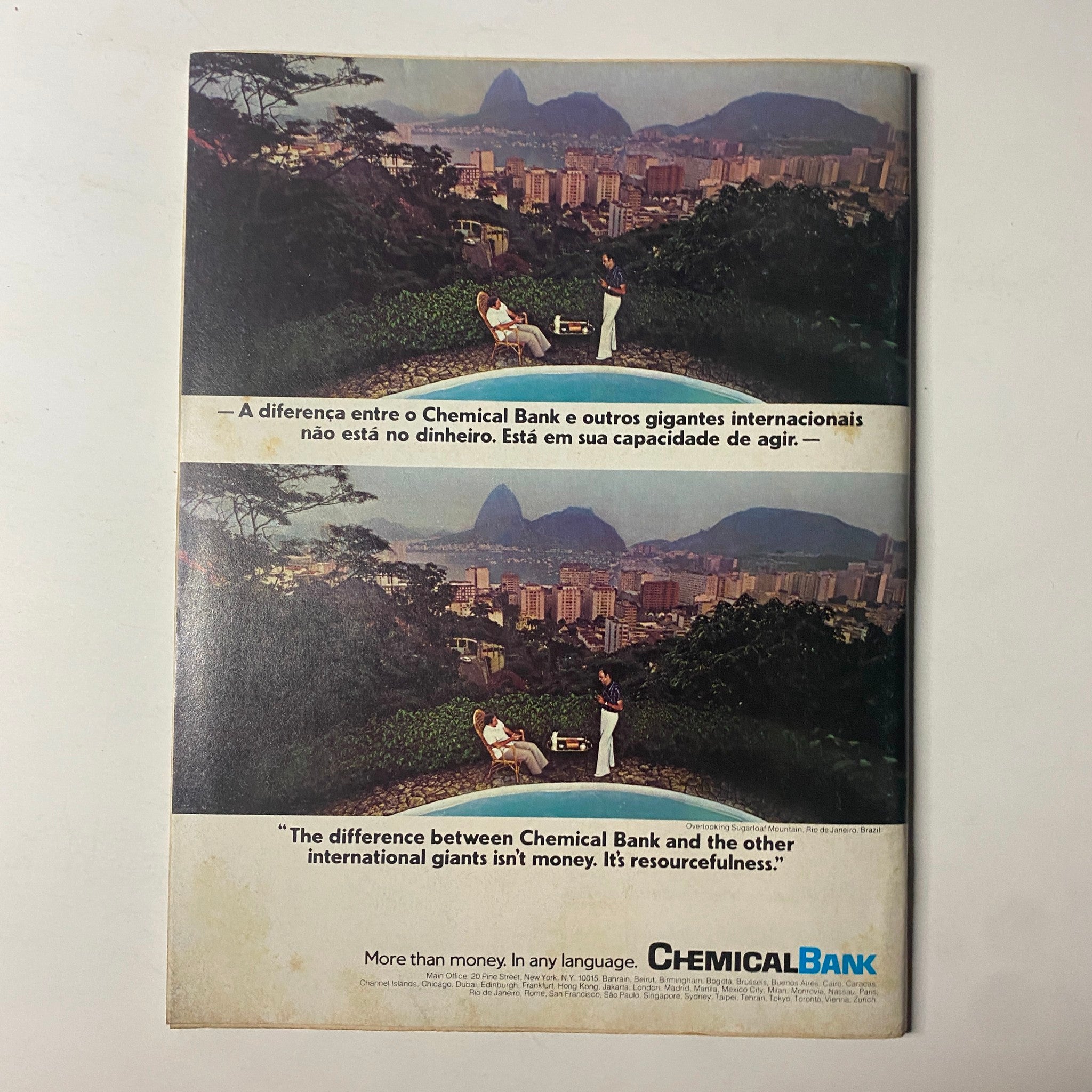 Back cover of Forbes Magazine November 1, 1977, displaying an advertisement for Chemical Bank highlighting its resourcefulness in international finance.