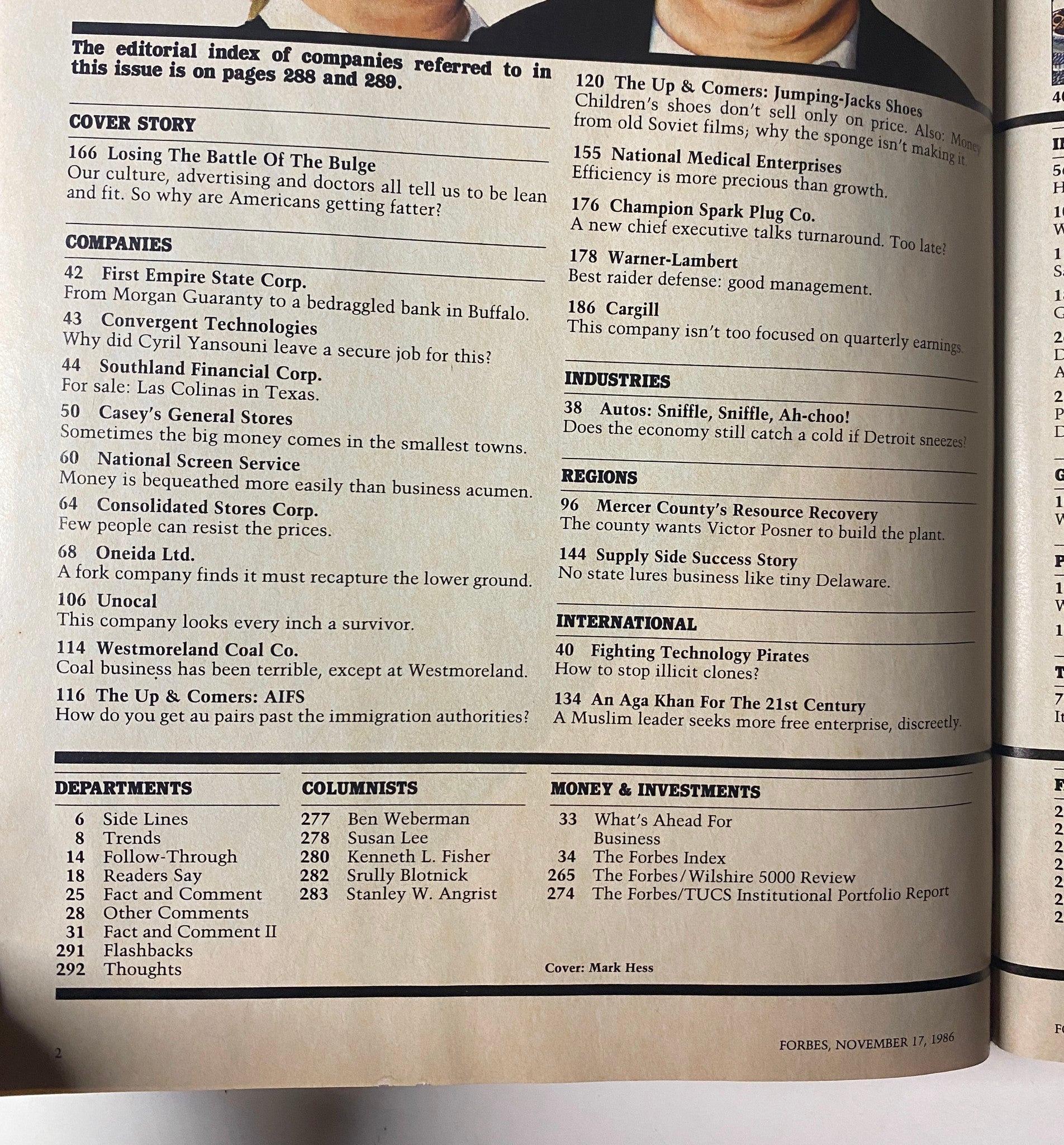 Table of contents pages from Forbes Magazine, November 17, 1986, listing articles and topics including the cover story 'Losing The Battle Of The Bulge'.