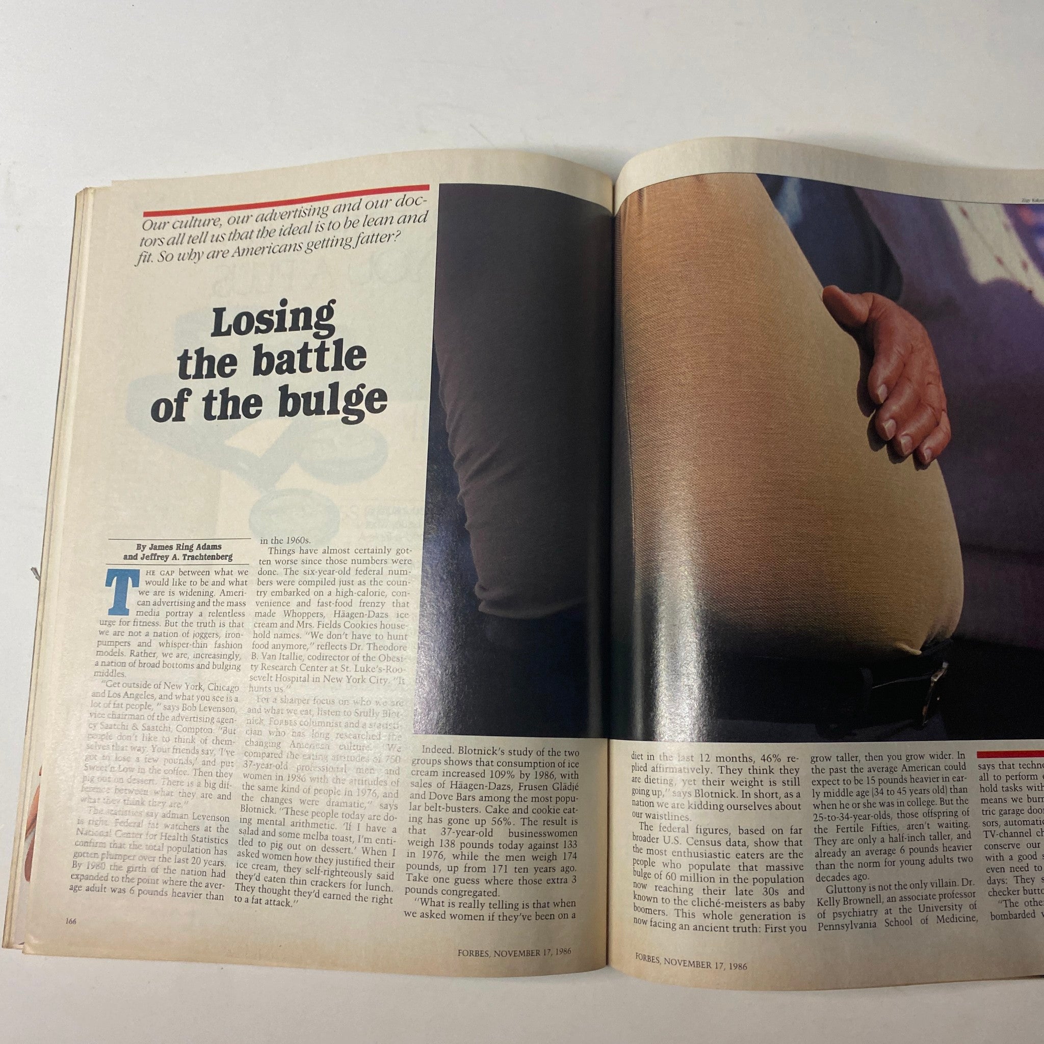 Interior page of Forbes Magazine, November 17, 1986, showcasing the article titled 'Losing The Battle Of The Bulge' discussing obesity trends and cultural perceptions.