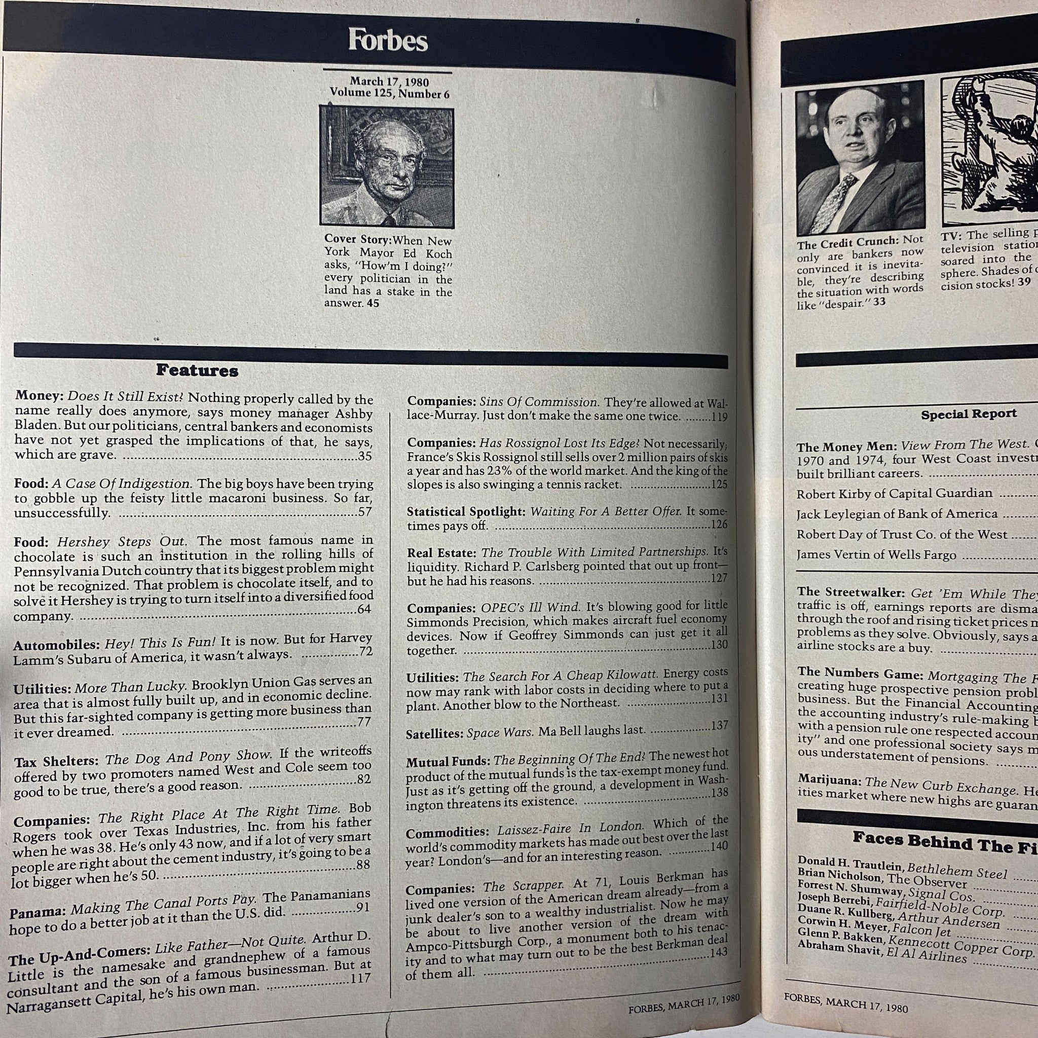 Interior page from Forbes Magazine March 17, 1980, showcasing the table of contents including the cover story about New York Mayor Ed Koch and his leadership.