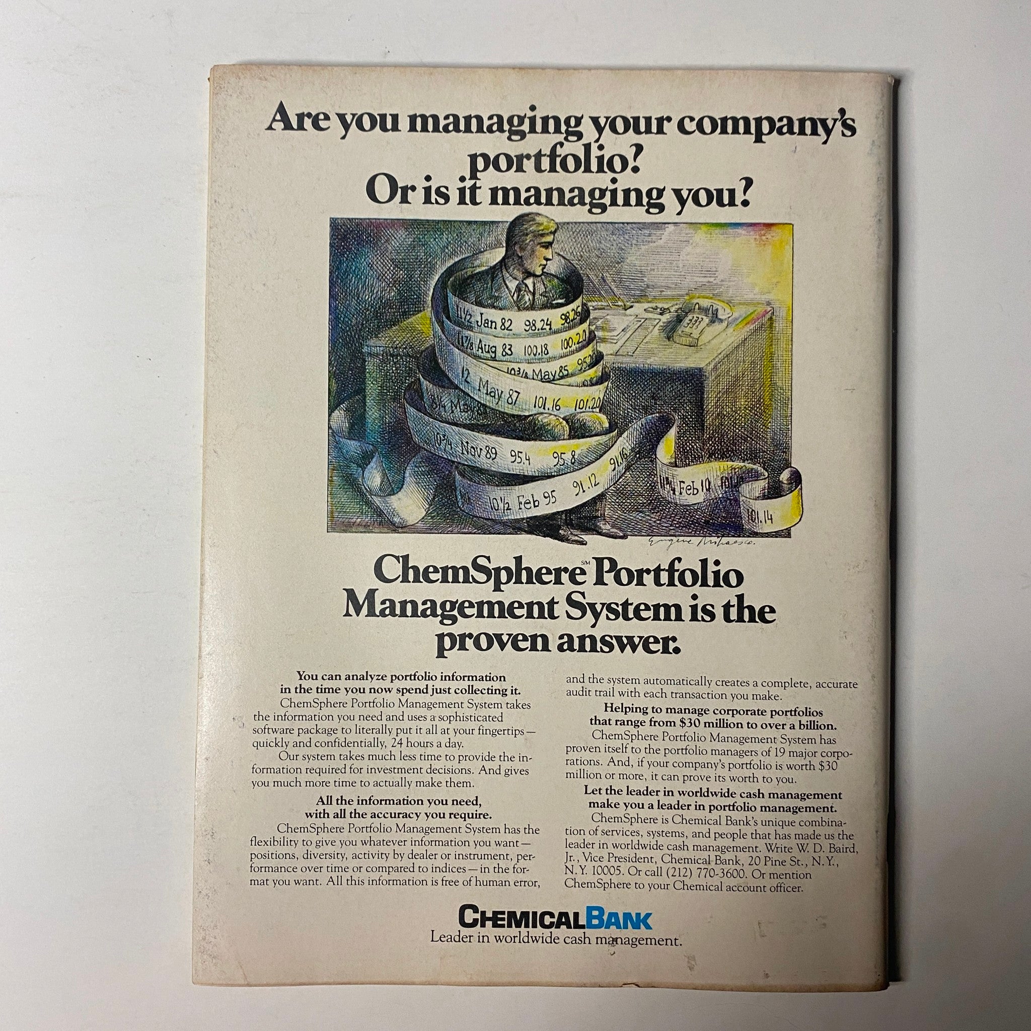 Vintage advertisement from Forbes Magazine March 17, 1980 featuring a man analyzing financial data with a ChemSphere Portfolio Management System, emphasizing portfolio management solutions by Chemical Bank.