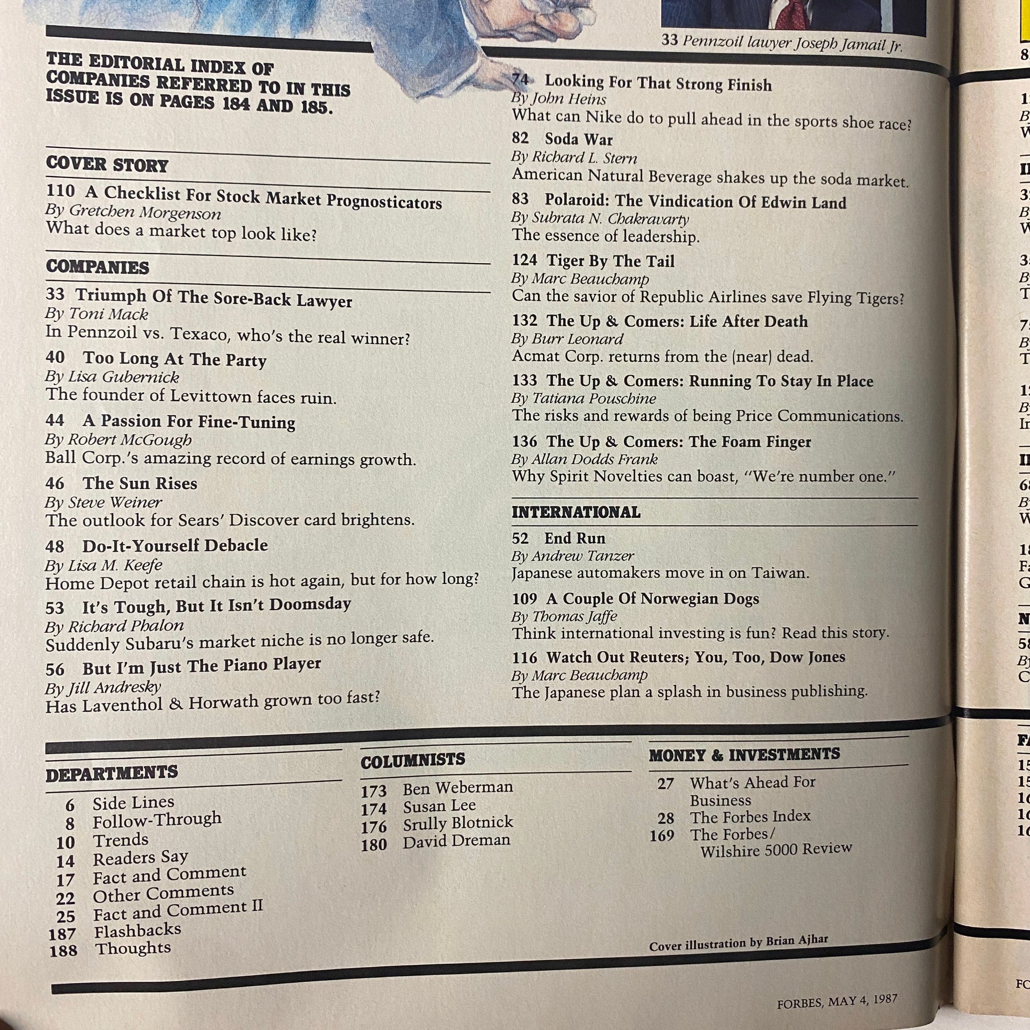 Table of contents from Forbes Magazine, May 4, 1987, listing topics such as the cover story on stock market prognosticators and corporate legal battles.