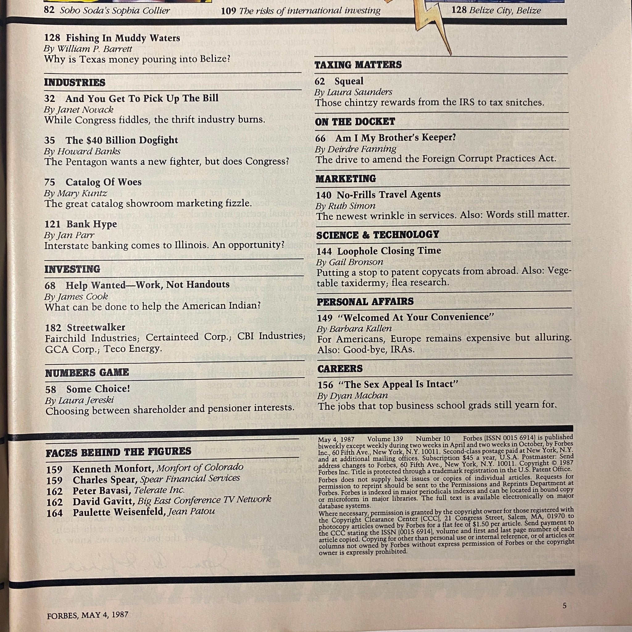 Page from Forbes Magazine, May 4, 1987, featuring articles on investing and marketing, part of the content reflecting late 20th-century financial insights.