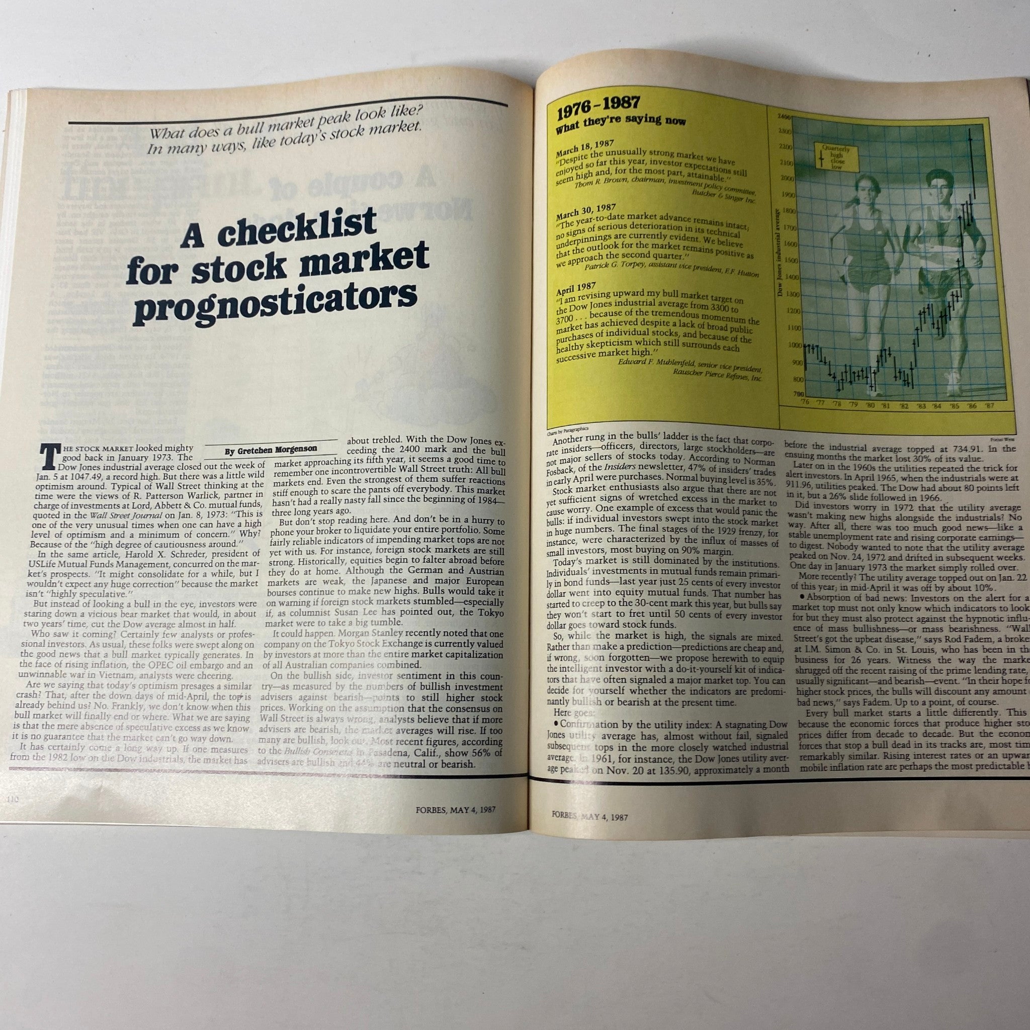 Article titled 'A checklist for stock market prognosticators' from Forbes Magazine, May 4, 1987, discussing indicators of market peaks and predictions.