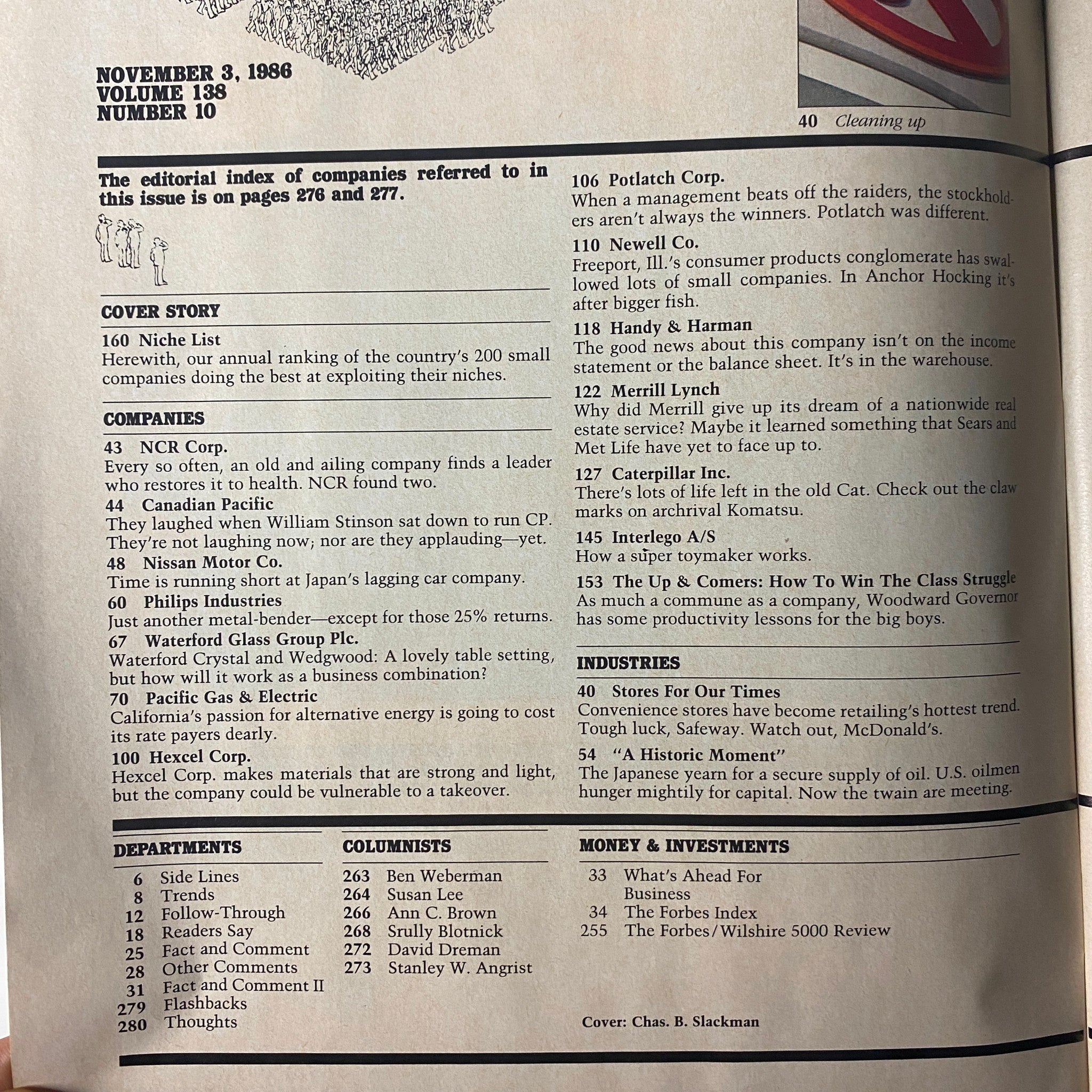 Editorial index page from Forbes Magazine, November 3, 1986, listing companies like NCR Corp. and Canadian Pacific, included in the cover story 'Niche List'.