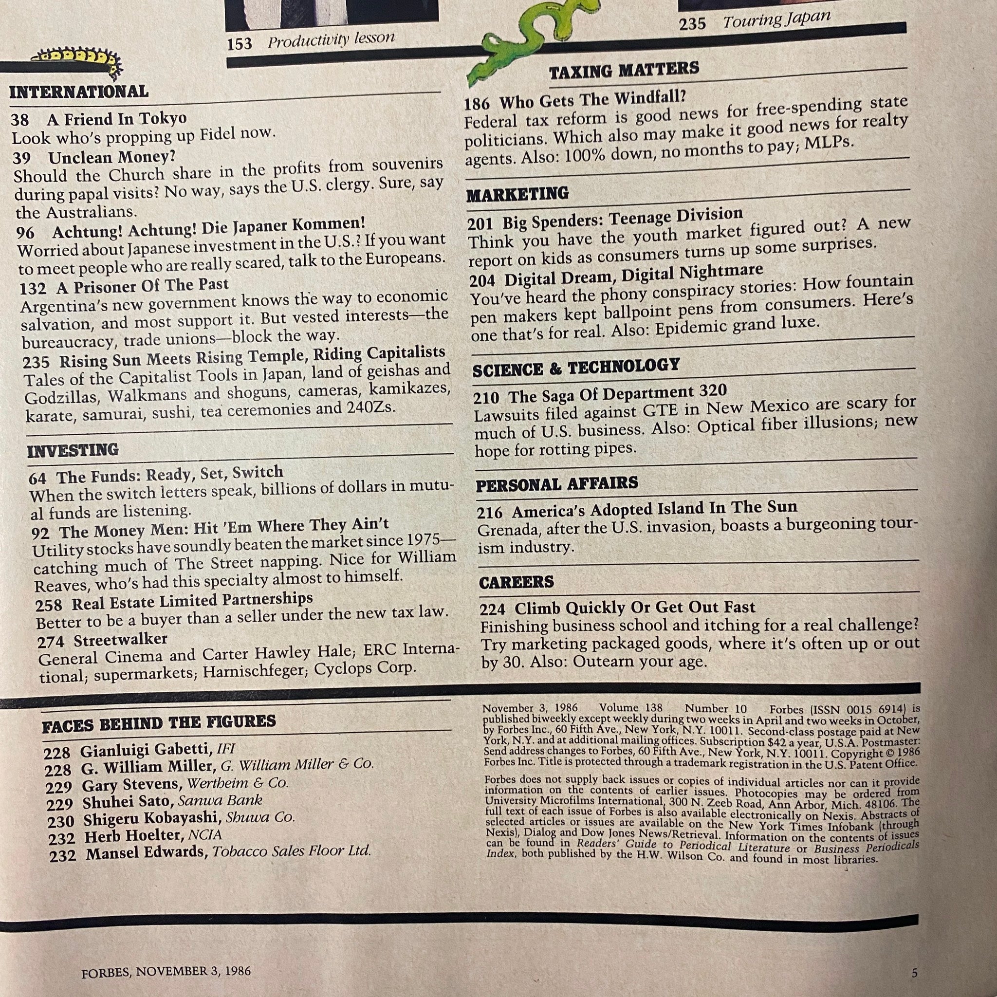 Page from Forbes Magazine, November 3, 1986, with articles on international trade and investment topics, highlighting significant trends and market analysis.