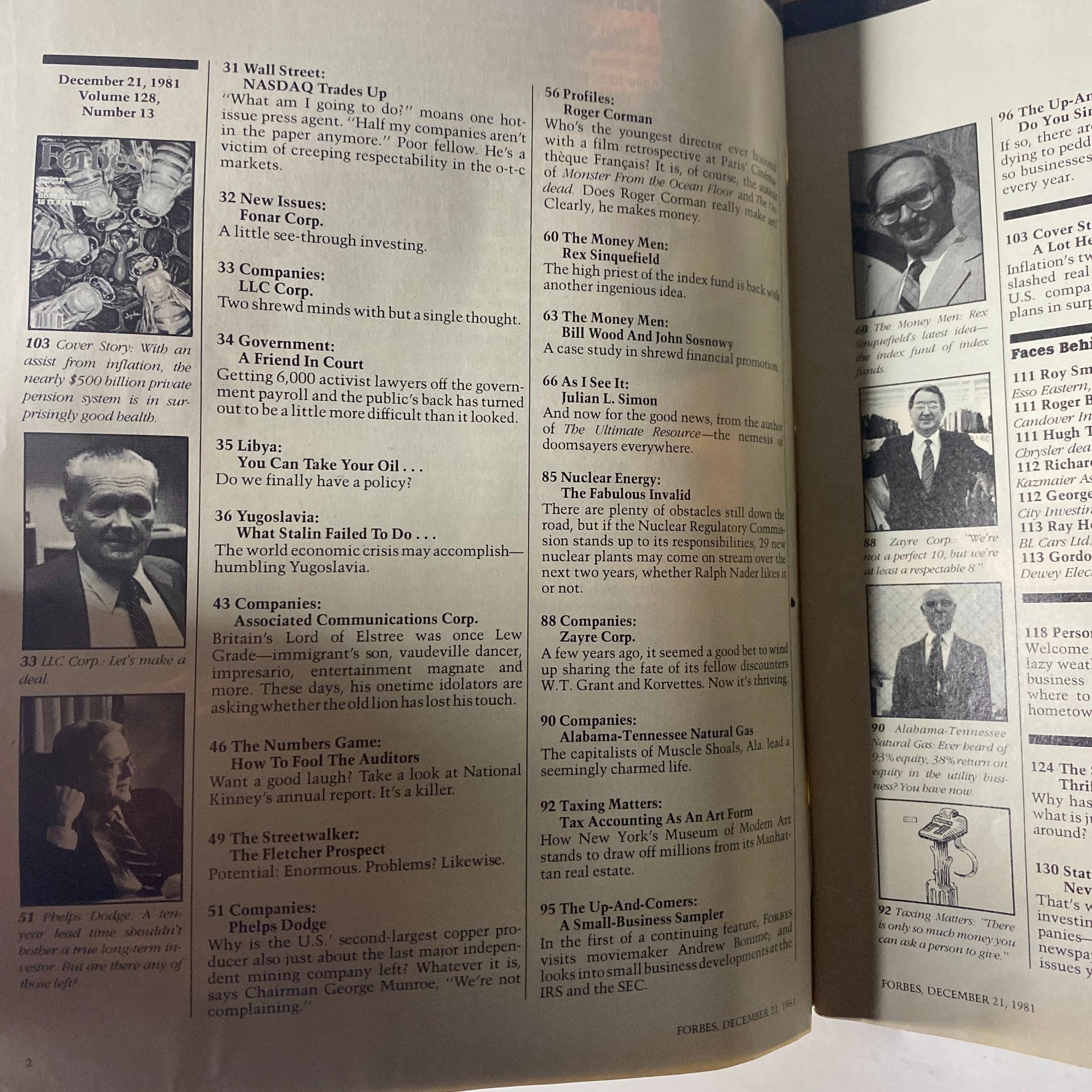 Forbes Magazine December 21, 1981 content overview page featuring articles on Wall Street trends, pension fund surpluses, and NASDAQ trading.
