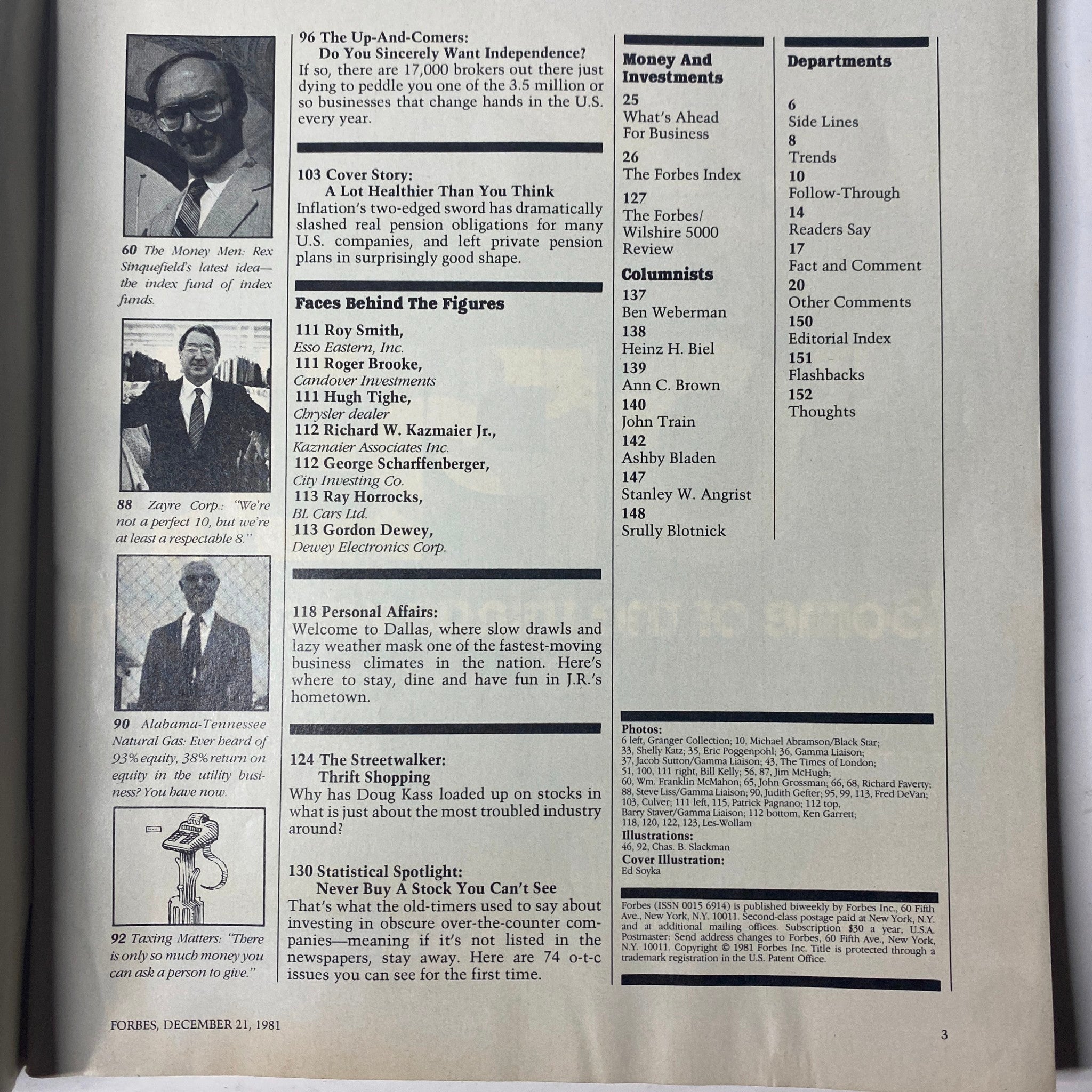 Forbes Magazine December 21, 1981 article list showcasing insights on financial markets, including profiles of key figures in business and investment.