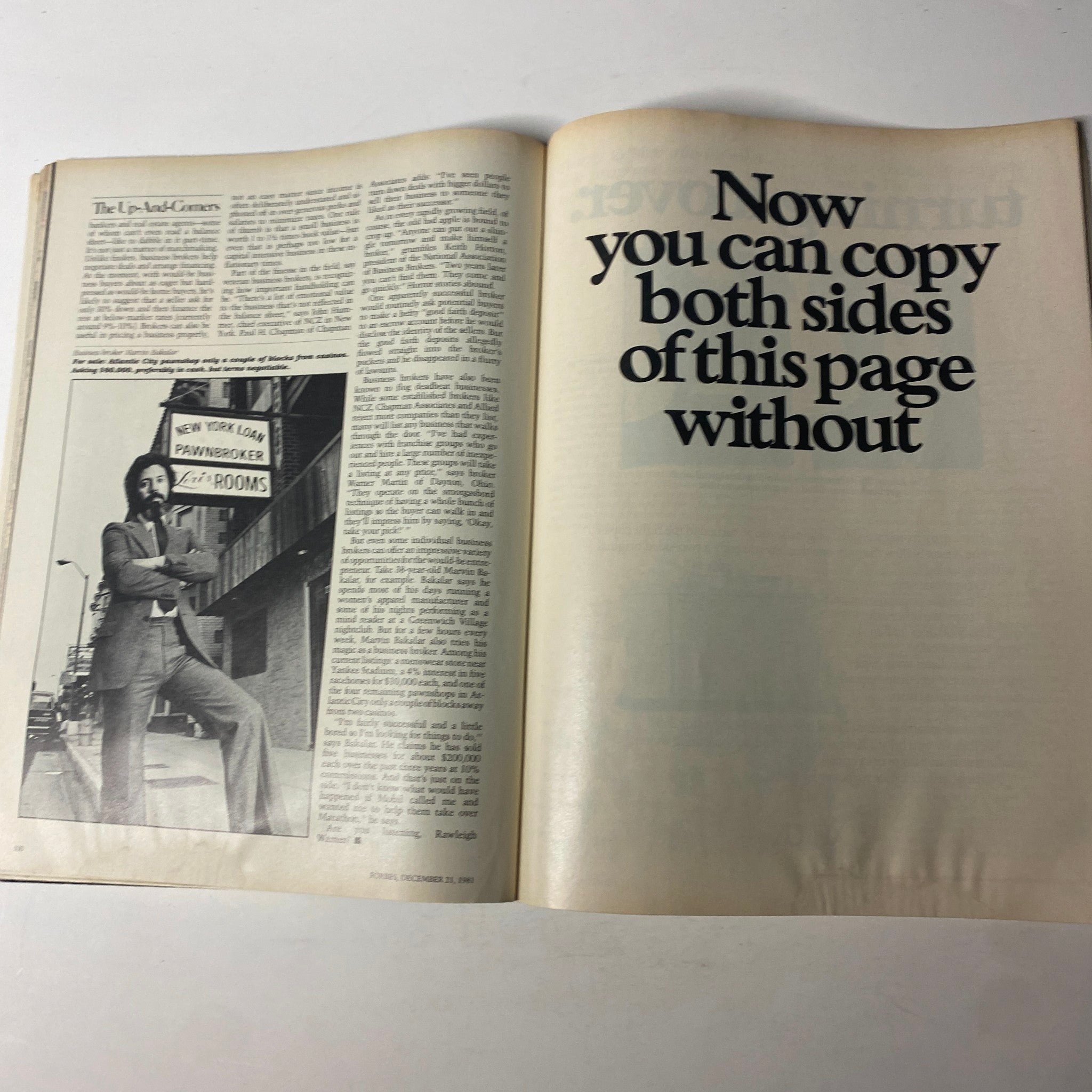 Forbes Magazine December 21, 1981 page highlighting an article titled 'The Up-and-Comers,' discussing investment strategies and the business climate in the 1980s.