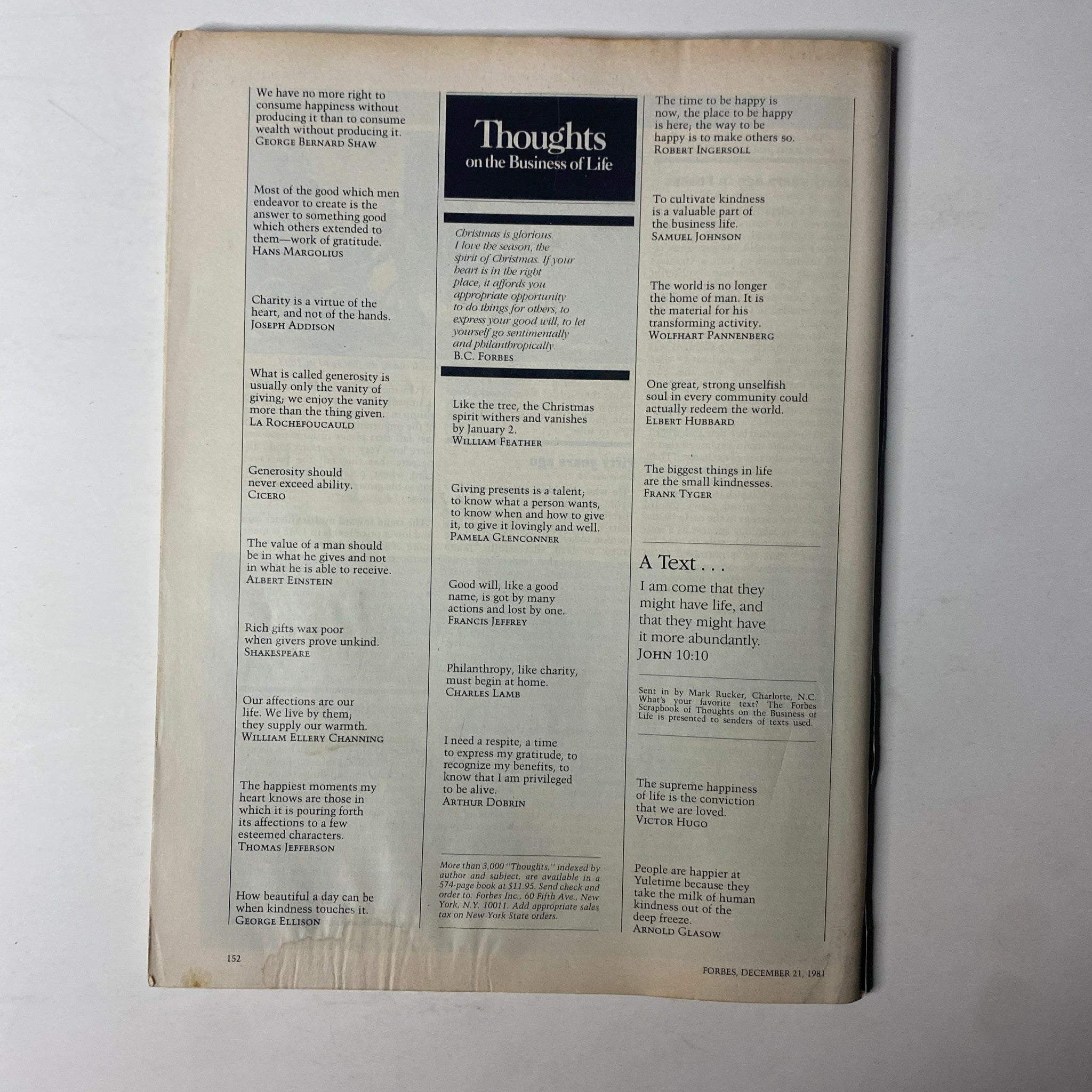 Forbes Magazine December 21, 1981 page featuring thoughtful quotes on business ethics and values, emphasizing philanthropy and kindness in professional life.